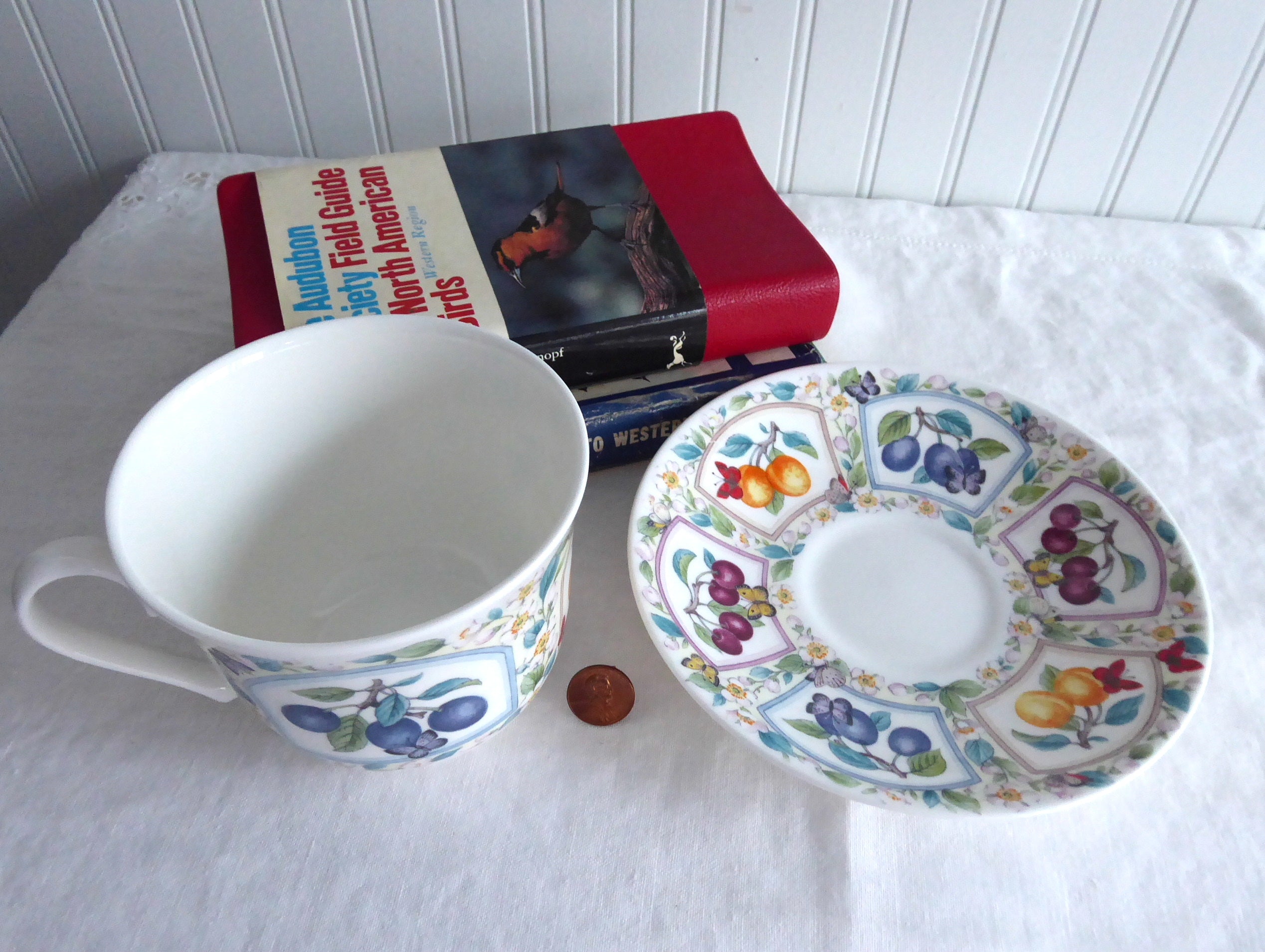 Roy Kirkham Bone China Breakfast Cup and Saucer Set with Prunus Fruit & Butterfly Design - Elegant Tea Set for Morning Coffee, Afternoon Tea, and English Breakfast (6.5 oz)