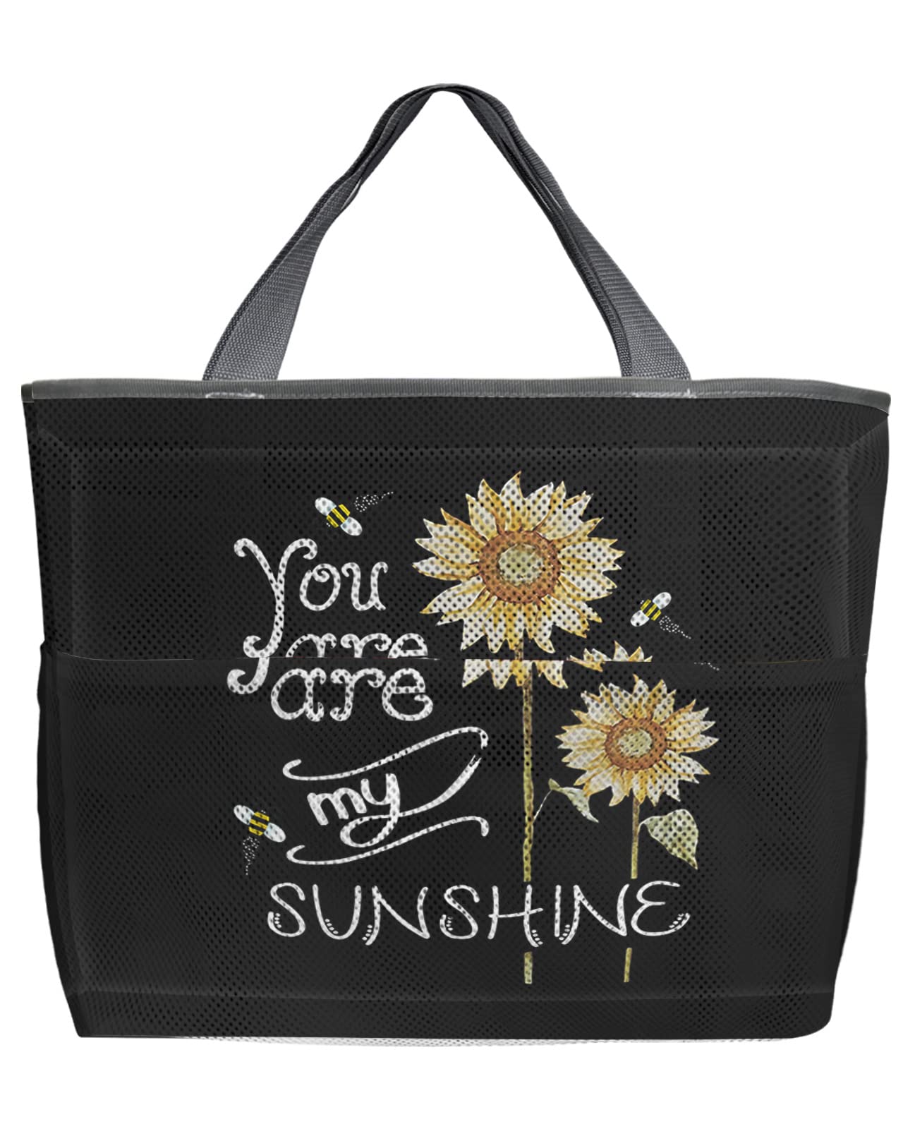 Watercolor Sunflower Mesh Beach Tote Bag - 60L Oversized Quick-Dry Swim Bag with Pockets | Foldable Lightweight Storage Net Bag (24