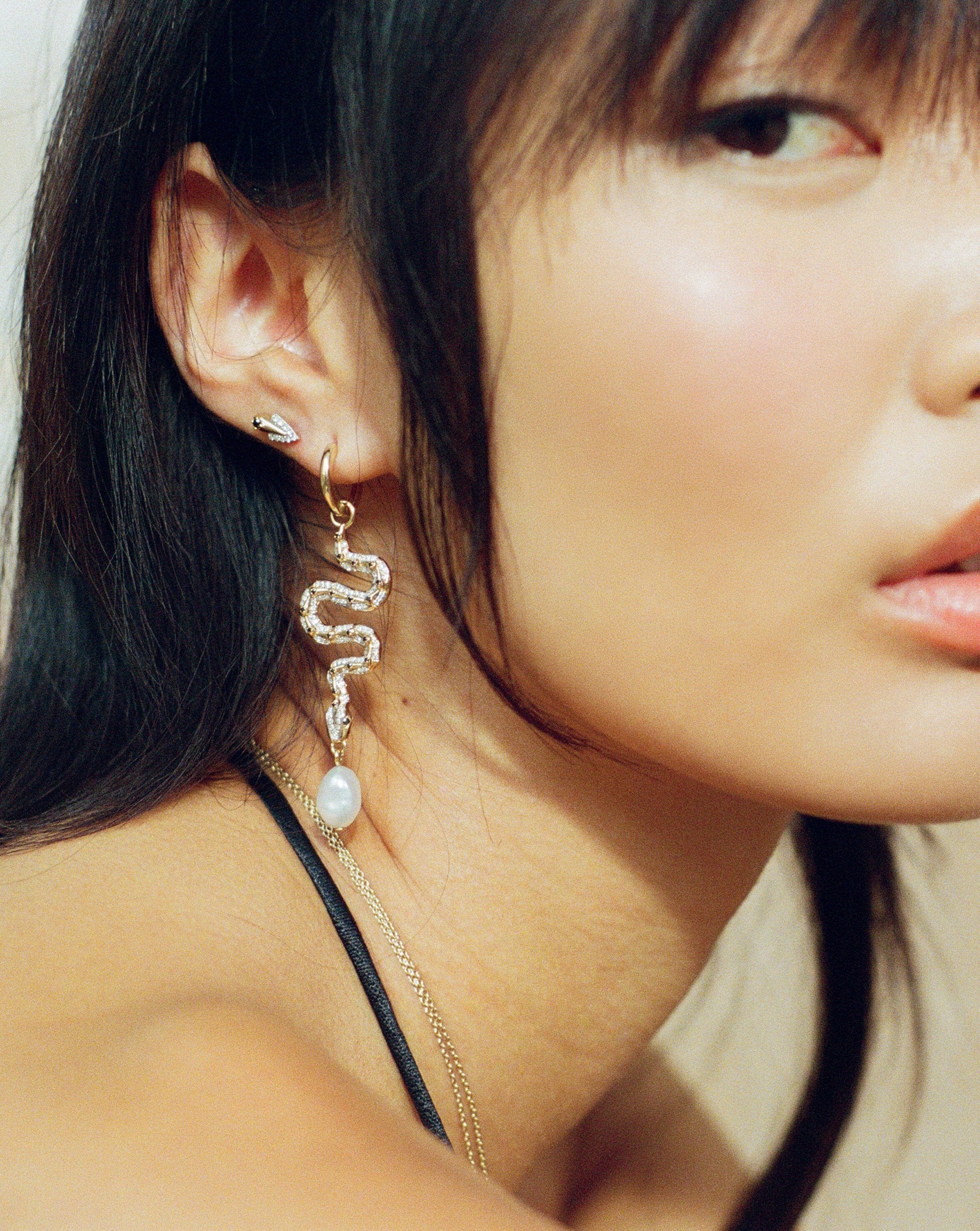 Harris Reed Fine Serpent Drop Earrings - 14k Solid Gold with Pearl & Diamond Accents | Elegant Dangle Earrings for Women | Perfect for Evening Parties, Weddings & Special Occasions