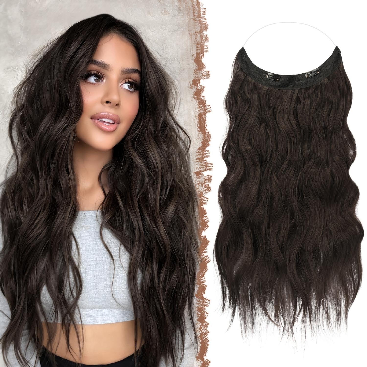 CHANDERKASH 24-Inch Synthetic Curly/Wavy Hair Extensions for Women - 5-Clip Lightweight Human Hair Extensions Set | Natural Brown | Perfect for Messy Bun, Party, Wedding & Daily Styling