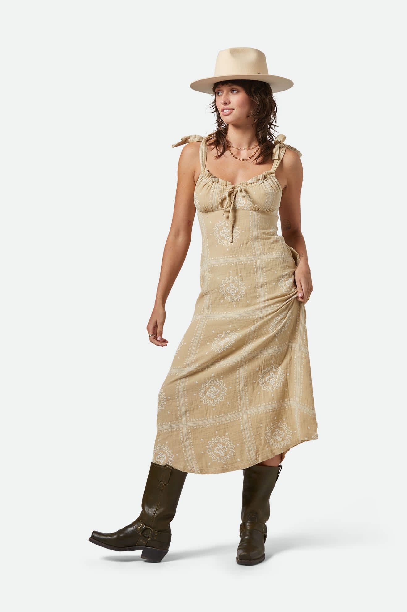 Wandering Tie Dress in Pale Khaki Bandana Print - Stylish Flowy Midi Dress for Women, Perfect for Summer Outings, Beach Vacations & Boho Chic Fashion