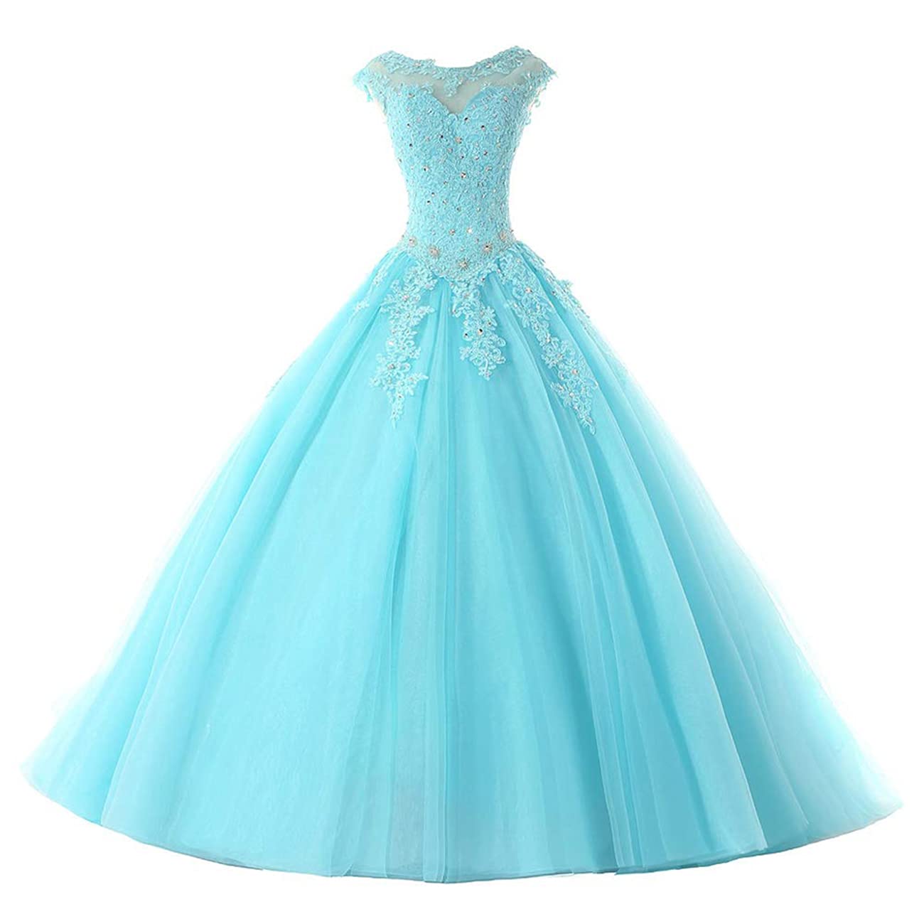 Elegant Long Tulle & Lace Applique Ball Gown - Quinceañera, Prom, Sweet 16 Formal Dress with Beaded Details (US Size 4, Aqua Blue) | Perfect for Quinceañera Celebrations, Prom Nights, Wedding Parties & Special Occasions