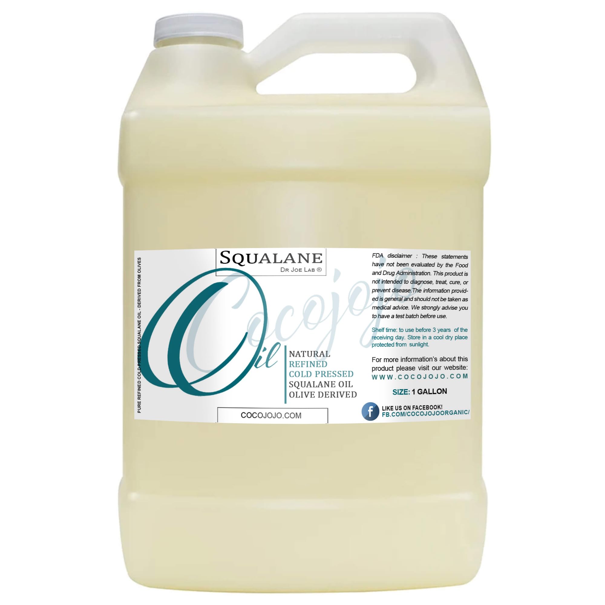 Pure Plant-Derived Squalane Oil from Olives - Cold Pressed, Vegan, Undiluted Carrier Oil for Face, Skin, Hair & Body - Natural Moisturizer & Cleanser - 128 oz (1 Gallon) - Perfect for DIY Cosmetics, Skincare & Haircare Routines