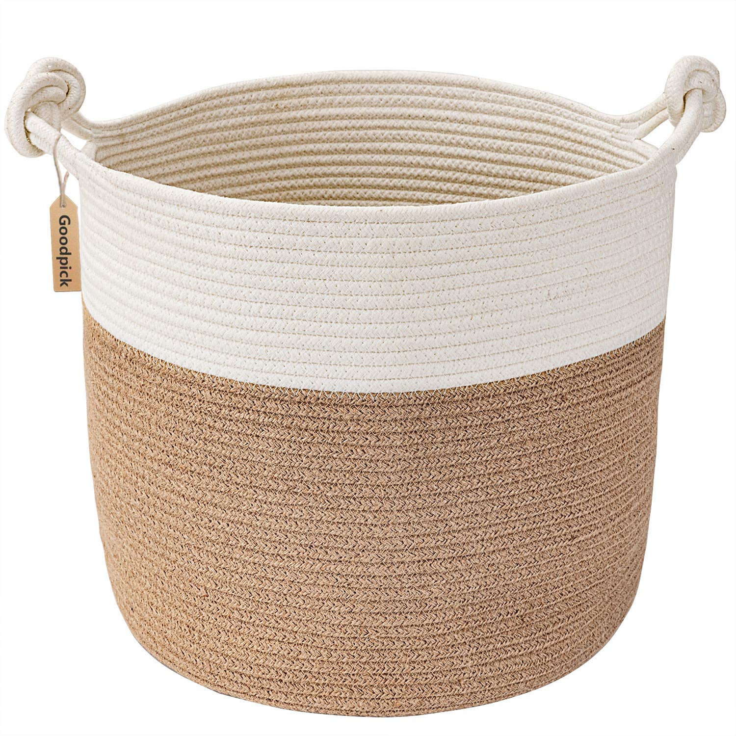 Goodpick Woven Storage Basket - 15 x 14.2 Inch Small Laundry Hamper for Clothes, Toys & Blankets | Natural Wicker Rope Basket for Bedroom, Nursery & Bathroom Organization | Durable Brown Home Decor Storage Solution