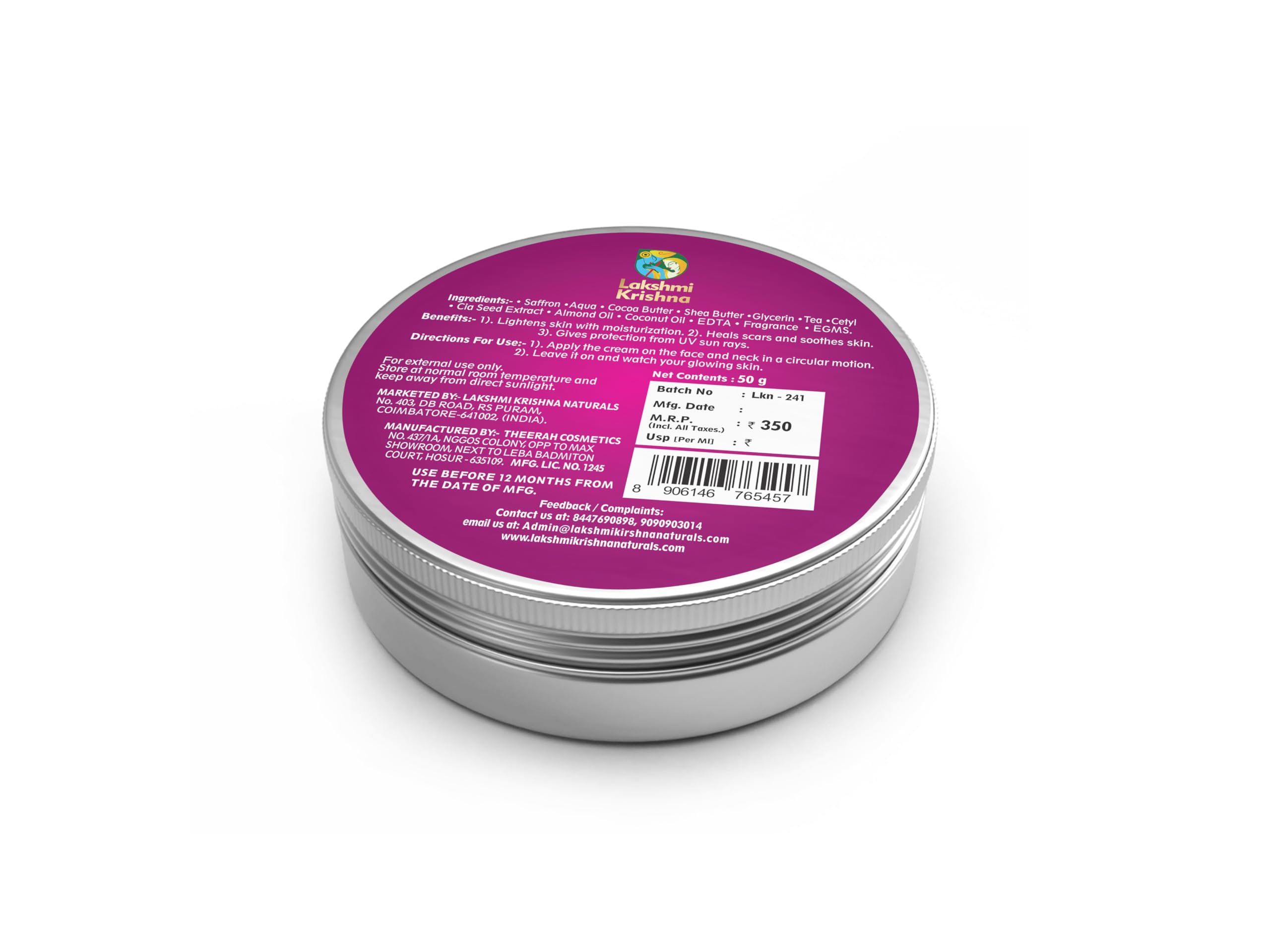 Lakshmi Krishna Natural Saffron Moisturizing Cream - 50g with Aqua, Cocoa Butter, Shea Butter & Organic Oils for Radiant Hydrated Skin | Deep Nourishment for Dry, Sensitive Skin | Perfect for Daily Face & Body Care, Winter Skin Protection & Ayurvedic Beauty Routine