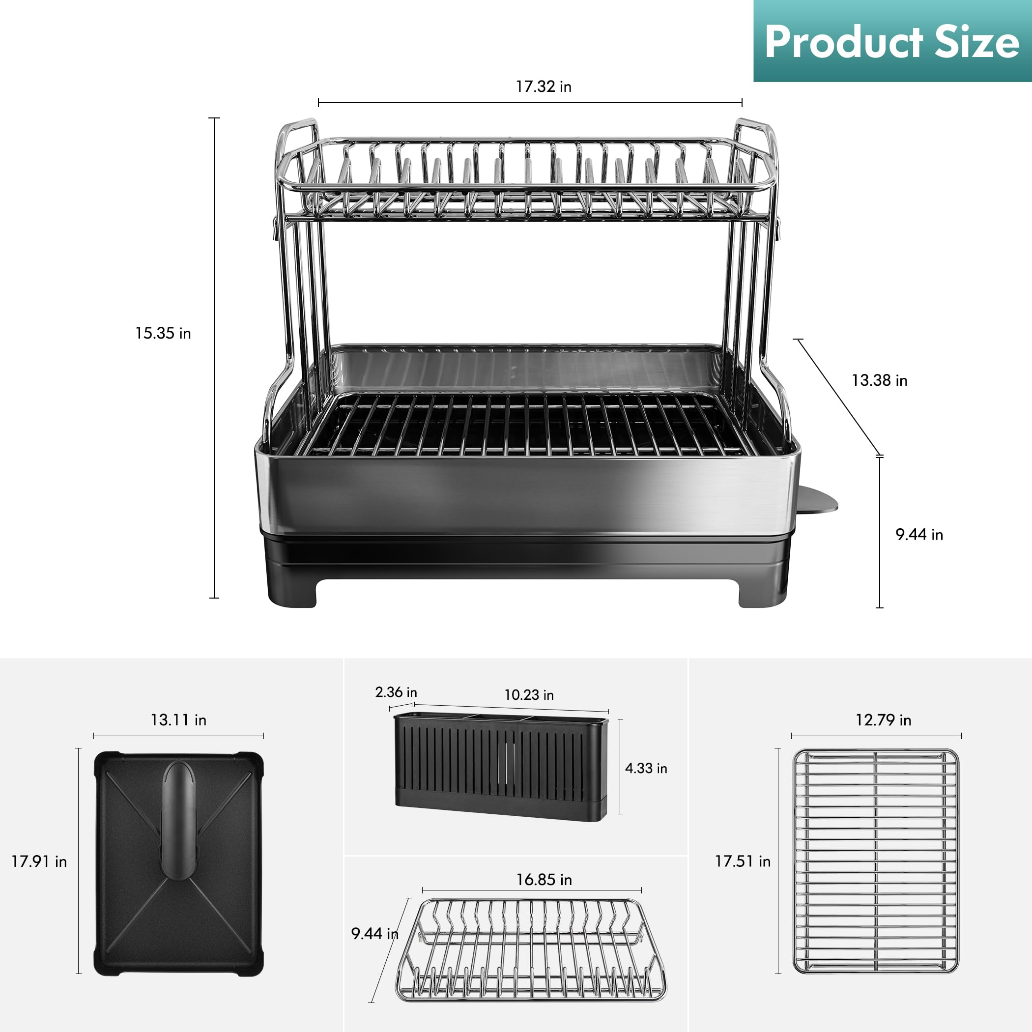Romision Extra Large 2-Tier Stainless Steel Dish Drying Rack with Drainboard - Heavy Duty Kitchen Counter Dish Drainer & Utensil Holder for Big Families | Perfect for Drying Dishes, Cups & Cookware After Washing