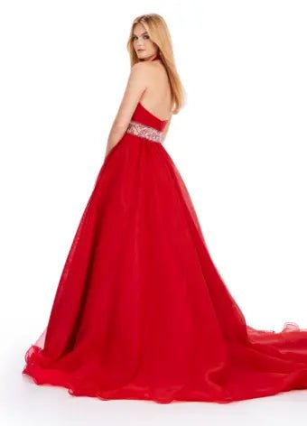 ASHLEYlauren 11546 Elegant Organza Ball Gown with Beaded Belt - Perfect for Prom, Wedding, and Formal Events