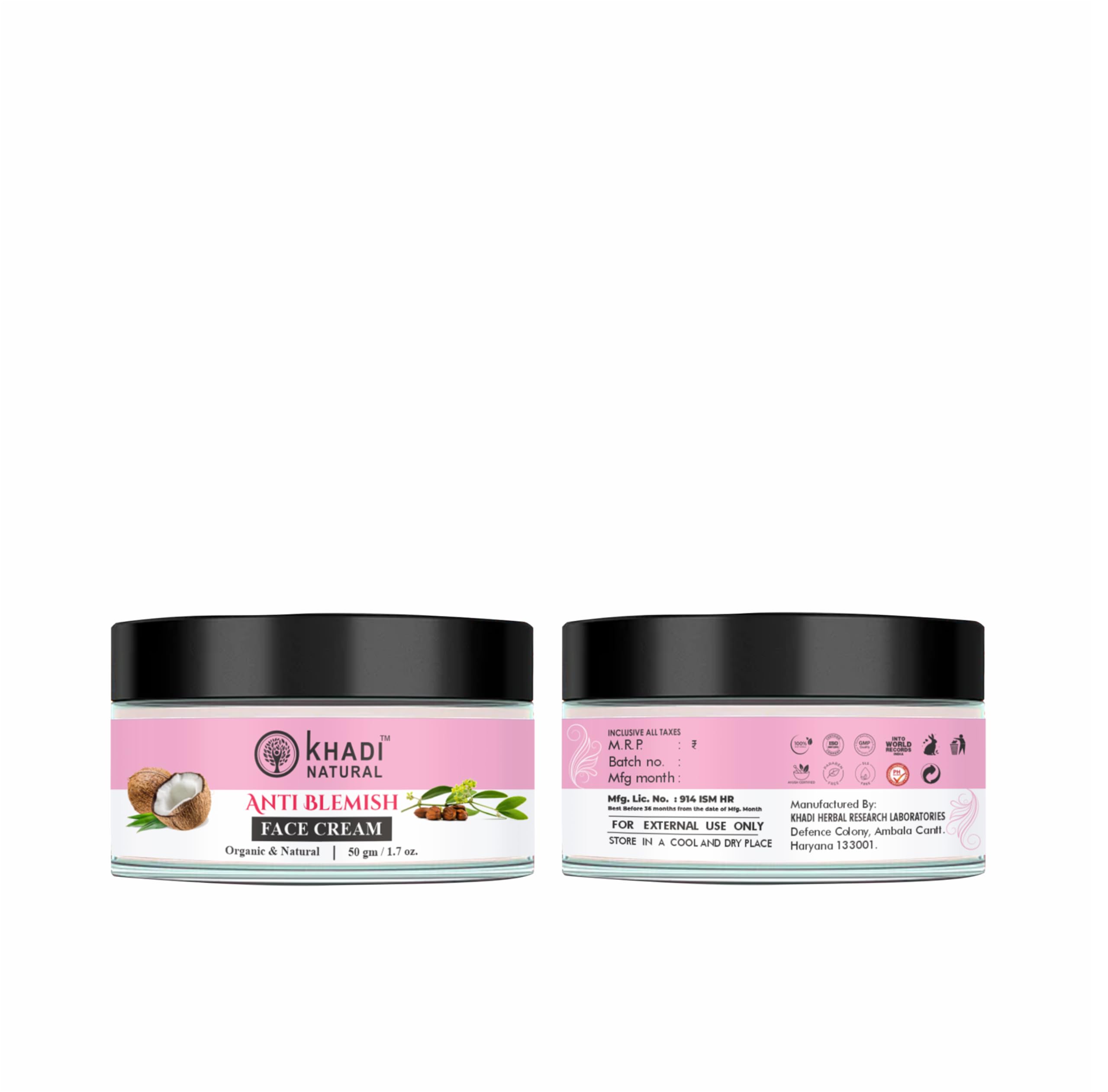 Khadi Natural Anti Blemish Cream 50G - Herbal Solution for Clear & Radiant Skin | Pack of 2 | Acne Treatment, Dark Spot Remover, Skin Brightening | Perfect for Daily Skincare Routine & Travel