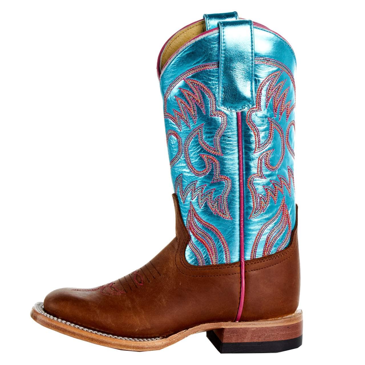 Macie Bean Kids Crazy Horse Boots with Metallic Turquoise Top - Western Style Cowgirl Boots for Girls, Comfortable & Durable Riding Boots for Horseback Riding, Country Fashion & Outdoor Activities