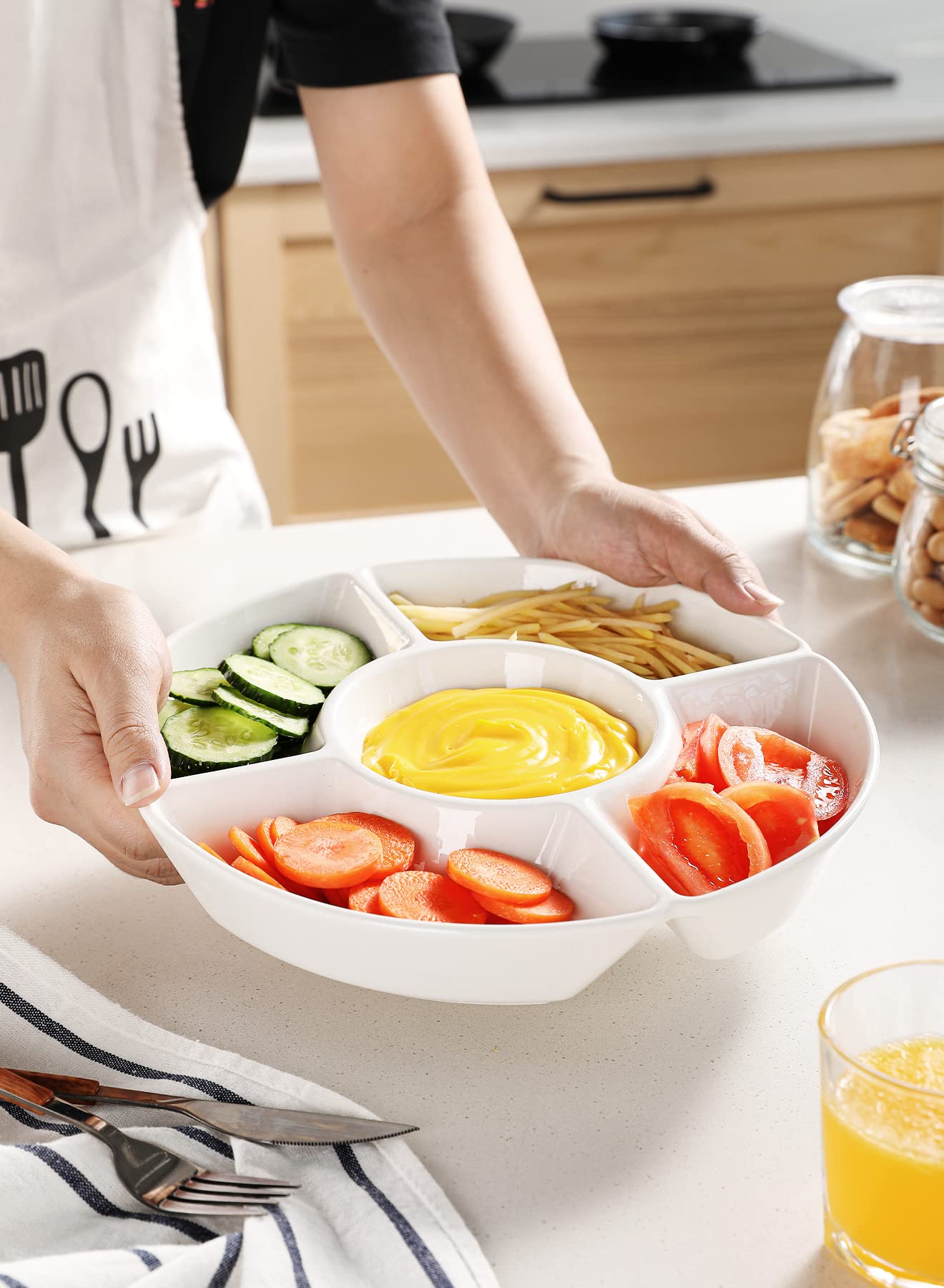 Sweese Porcelain Chip & Dip Serving Set - Divided Relish Tray for Chips, Dips, Veggies, Candy & Snacks - Elegant White Serving Platter - Perfect for Parties, Game Nights & Entertaining