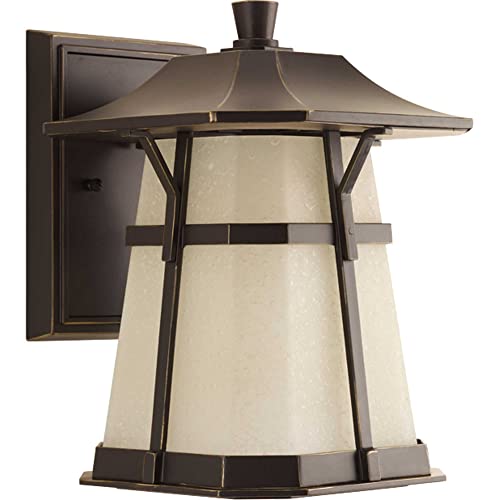 Progress Lighting Derby LED 1-Light Outdoor Wall Lantern - Etched Seedy Umber Watermark Glass, Antique Bronze Finish - Perfect for Porch, Patio, and Garden Lighting