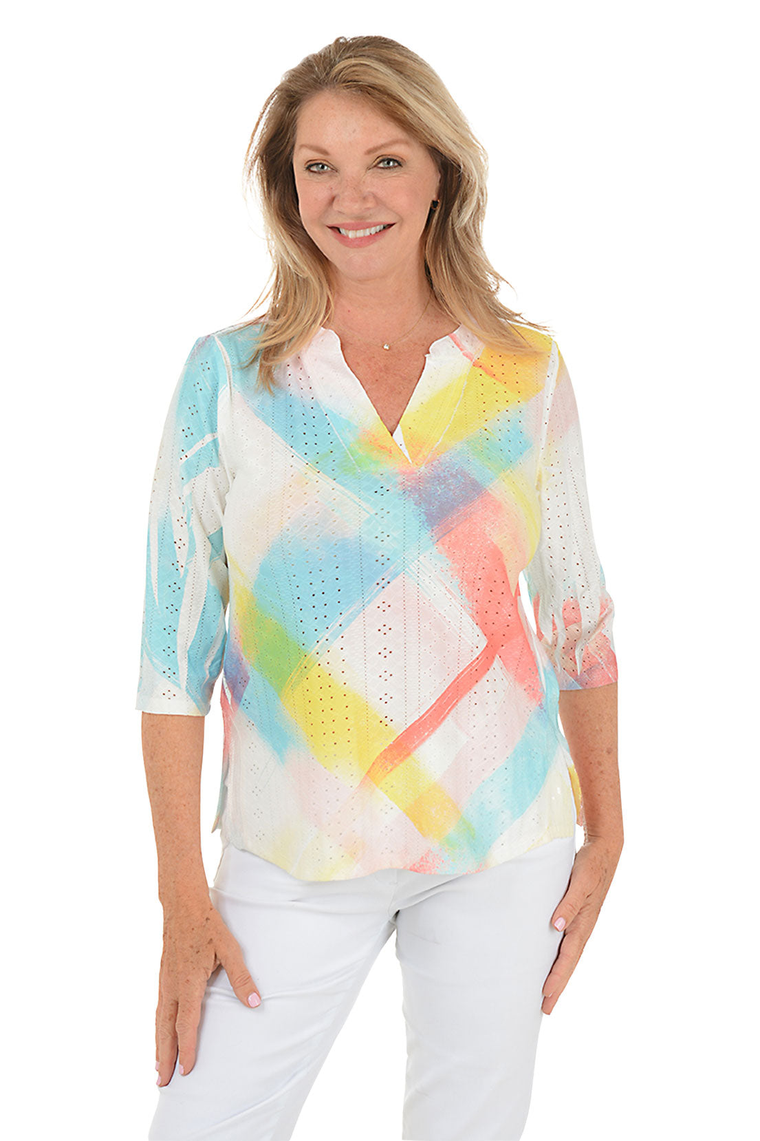 Stylish Petite Coral Checkered High-Low Eyelet Blouse for Women | Summer Casual & Beach Outfit