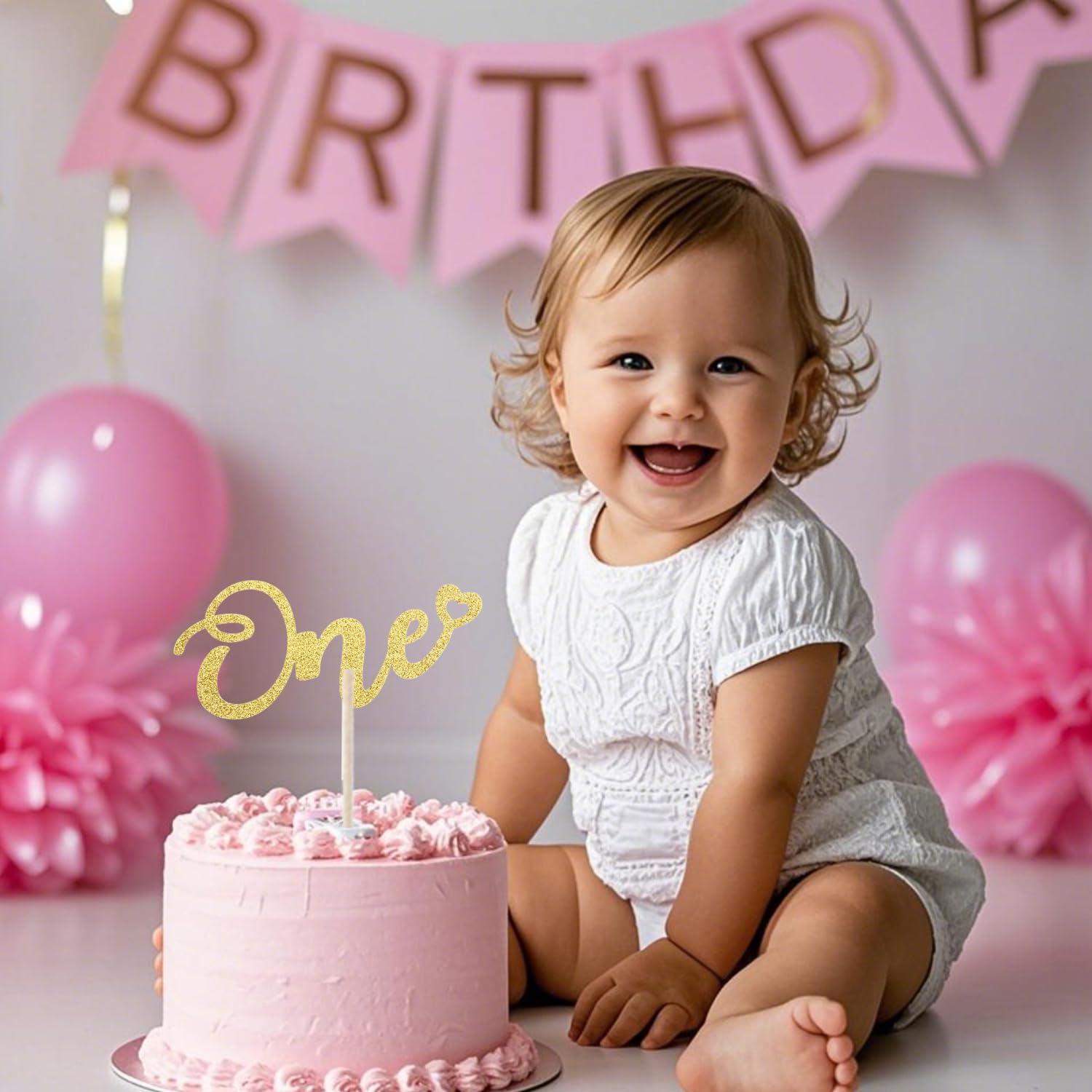 ALISSAR Glitter 1st Birthday Cake Topper - Double Sided Gold for Boys & Girls | Perfect for Anniversary Cakes