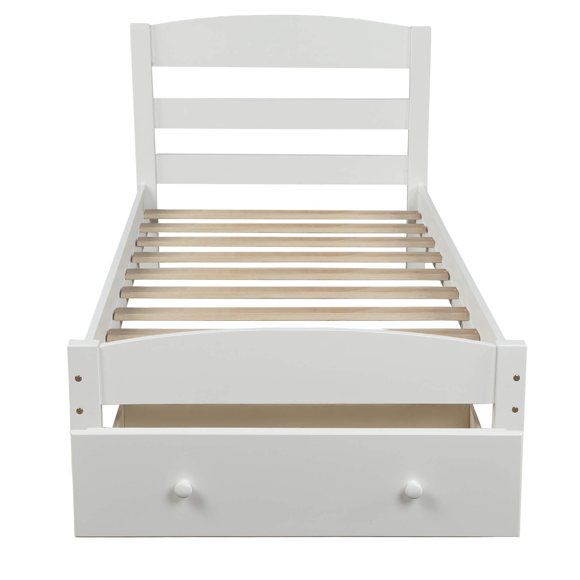 MERITLINE Twin Bed Frame with Storage Drawers - Wooden Platform Bed with Headboard & Slat Support - No Box Spring Required - White - Perfect for Small Spaces, Guest Rooms & Dormitories