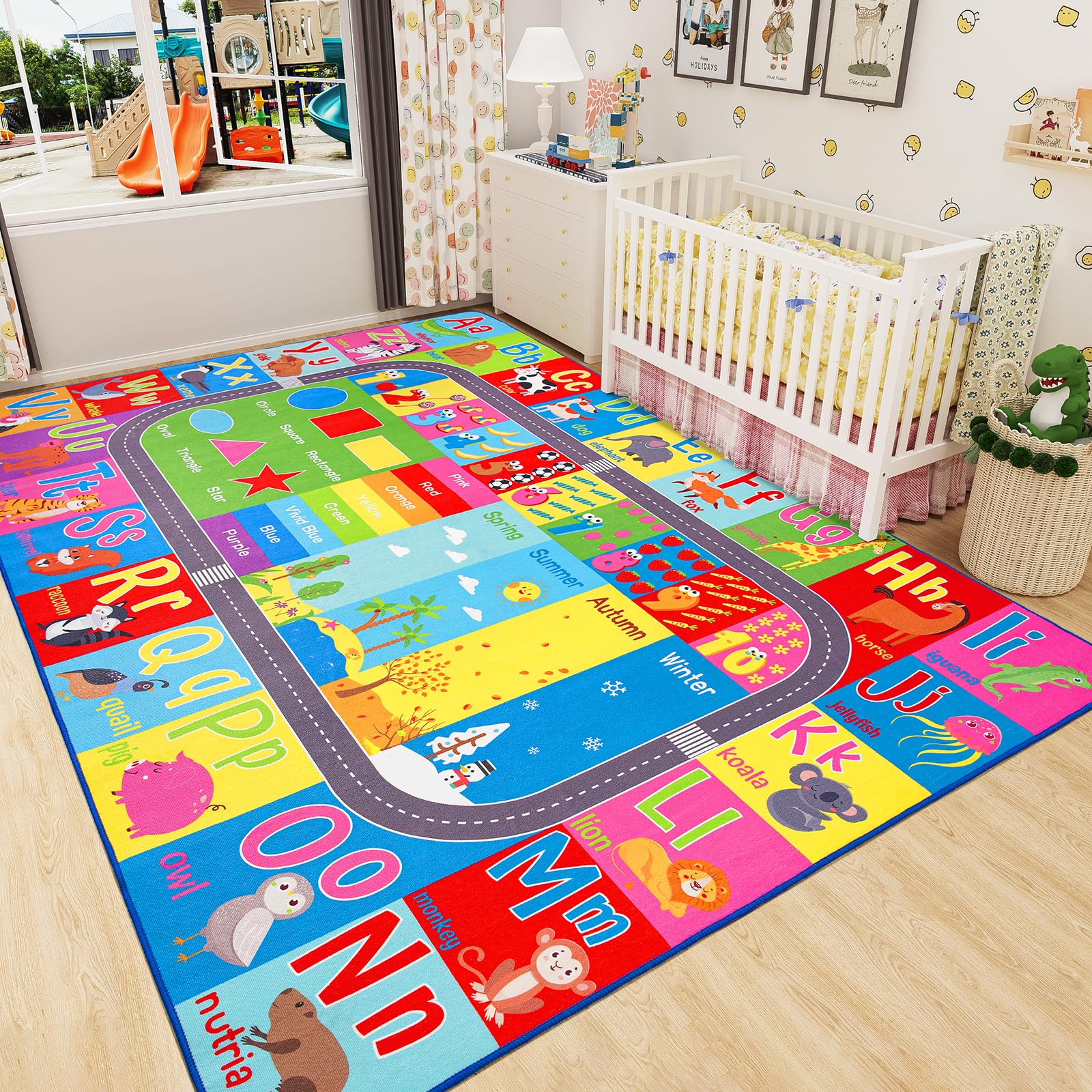 Premium HOMORE Kids Educational Rug 7x10 ft - Alphabet, Numbers, Colors, Seasons & Animals Learning Playmat for Classroom, Playroom & Homeschooling - Non-Slip Children's Activity Carpet for Early Education