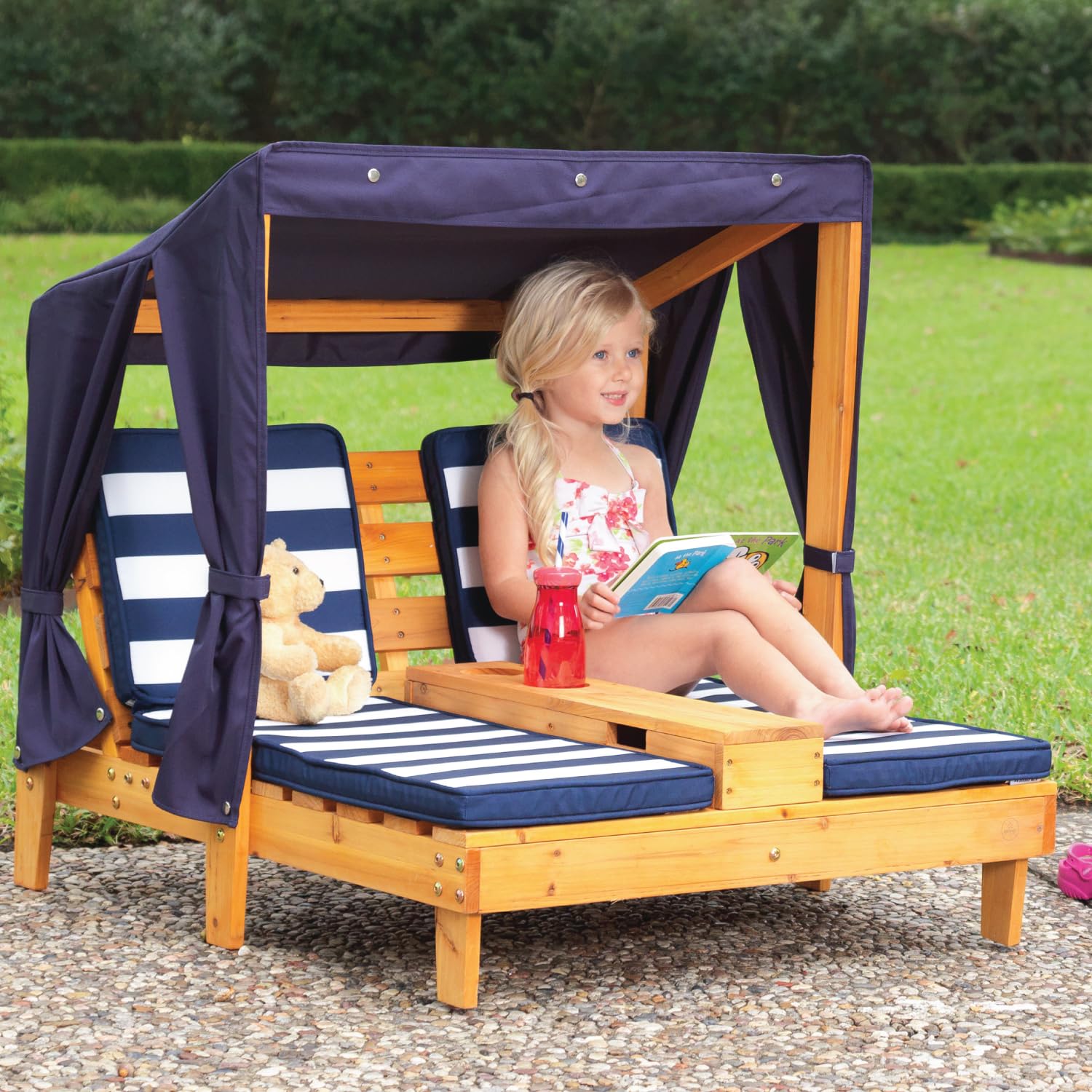 KidKraft Wooden Outdoor Double Chaise Lounge for Kids with Cup Holders - Patio Furniture Set with Navy & White Striped Fabric - Perfect Gift for Ages 3-8 - Ideal for Backyard, Poolside & Outdoor Play Areas