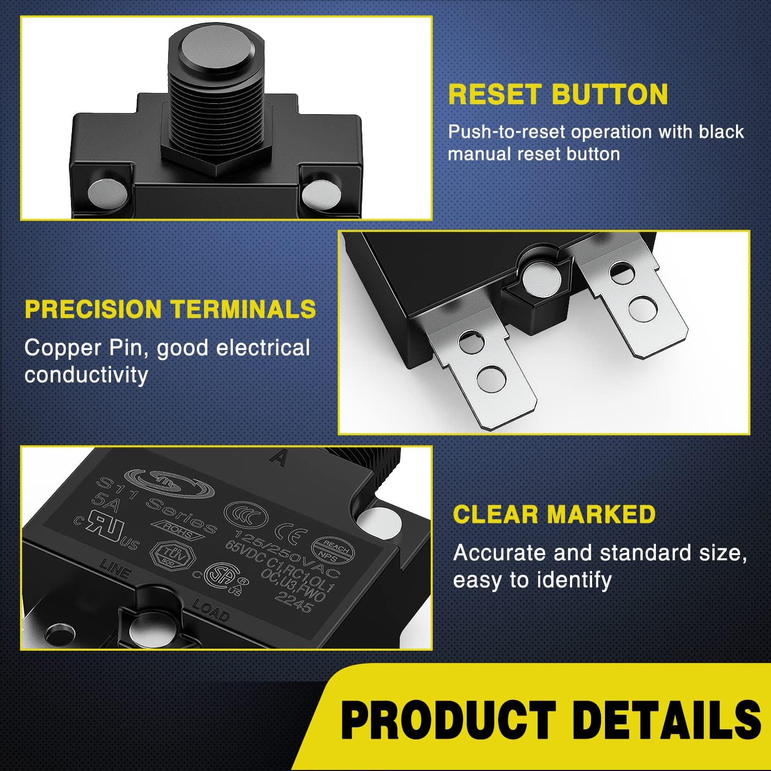 5Pcs 5Amp Circuit Breaker Terminals - Heavy Duty Auto Marine Electrical Protection for Car, Boat, RV & Solar Power Systems
