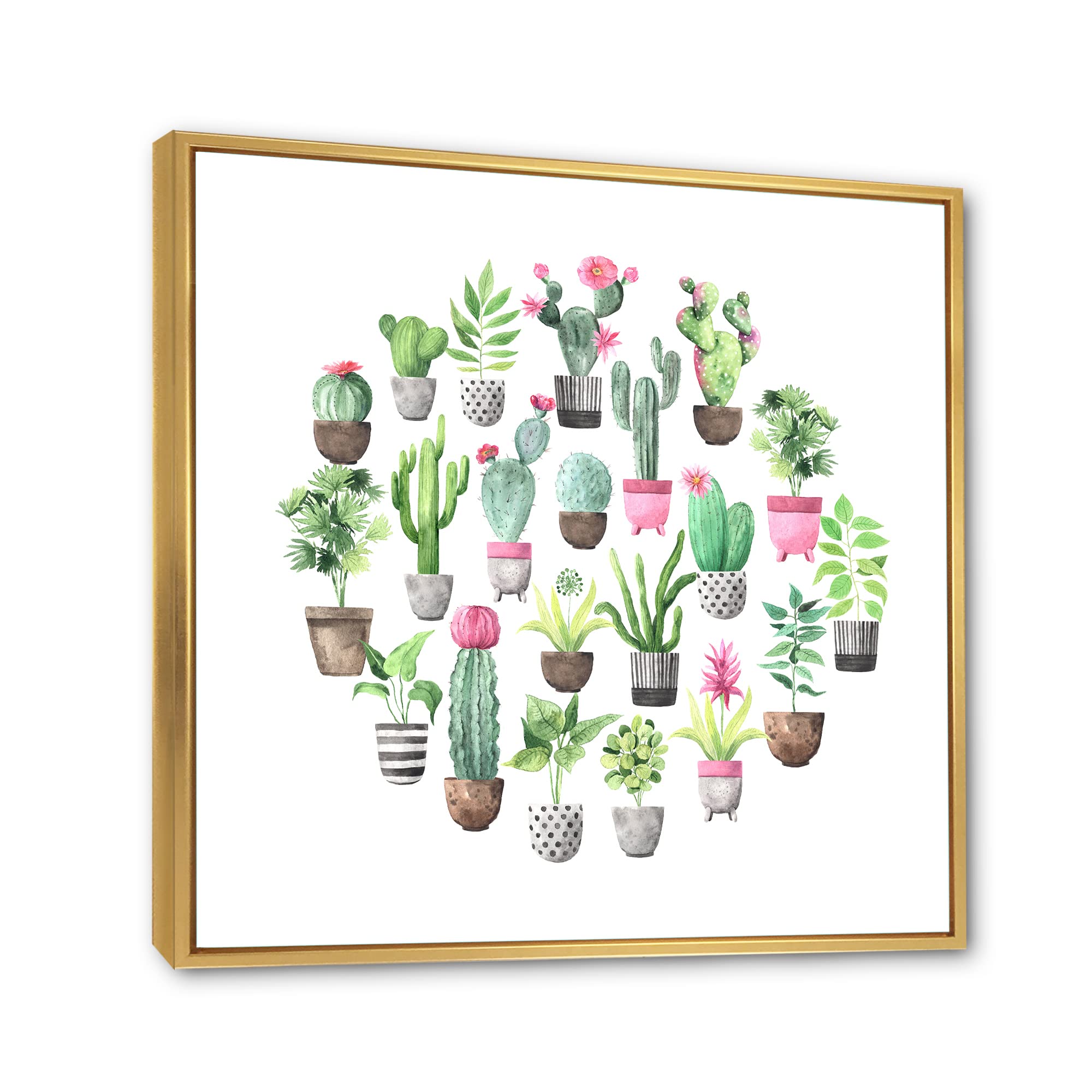 DesignQ Cacti in Ceramic Pots - Soft Tone Traditional Framed Canvas Wall Art Print for Living Room, Bedroom & Office Decor