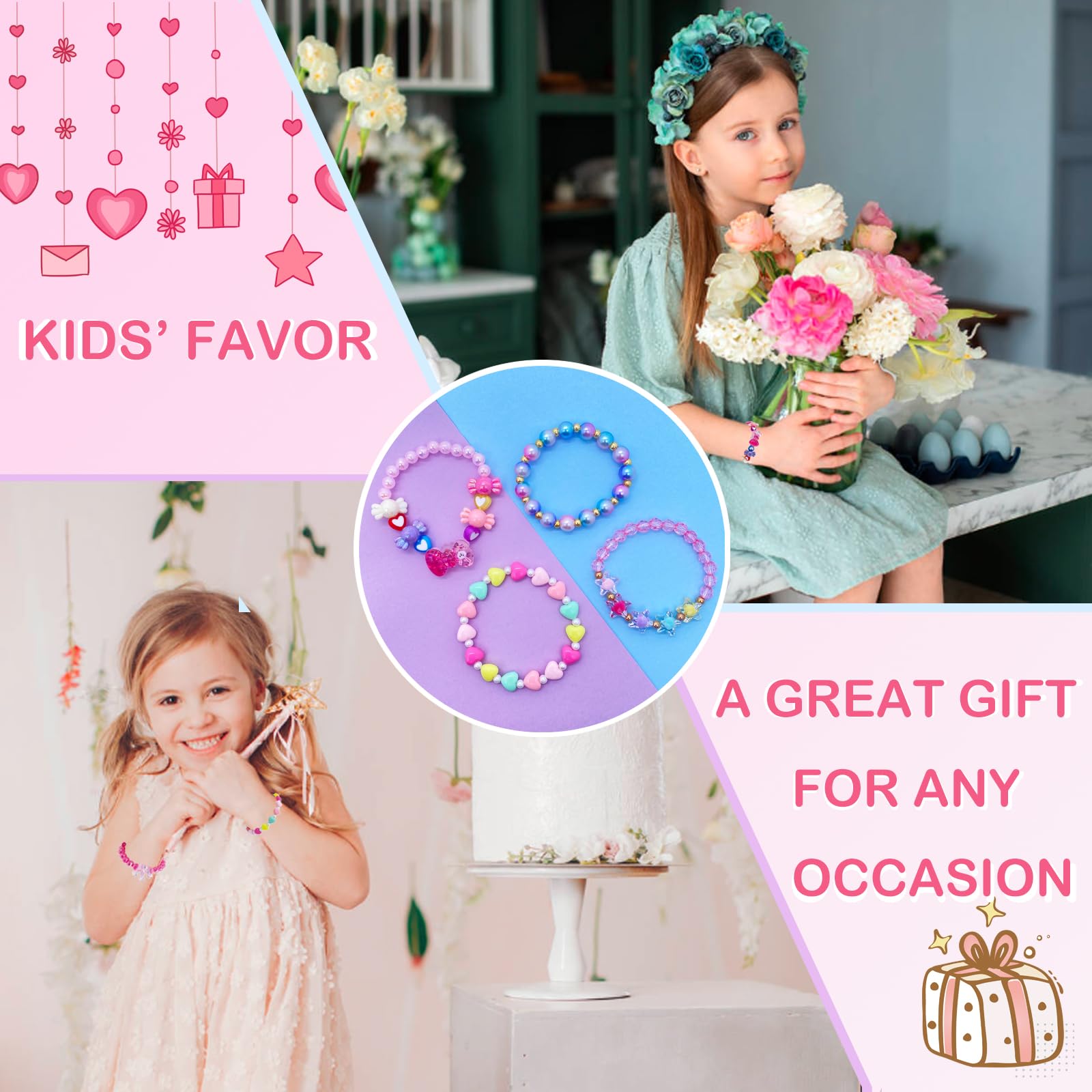 9 PCS Cute Kids Bracelets for Girls - Pink LOVE Beaded Bracelets, Toddler Jewelry Set for Birthday, Easter, Christmas & Valentines | Princess Party Favors, Pretend Play & Dress Up Accessories | Perfect for Gifts, Photo Props & Special Occasions