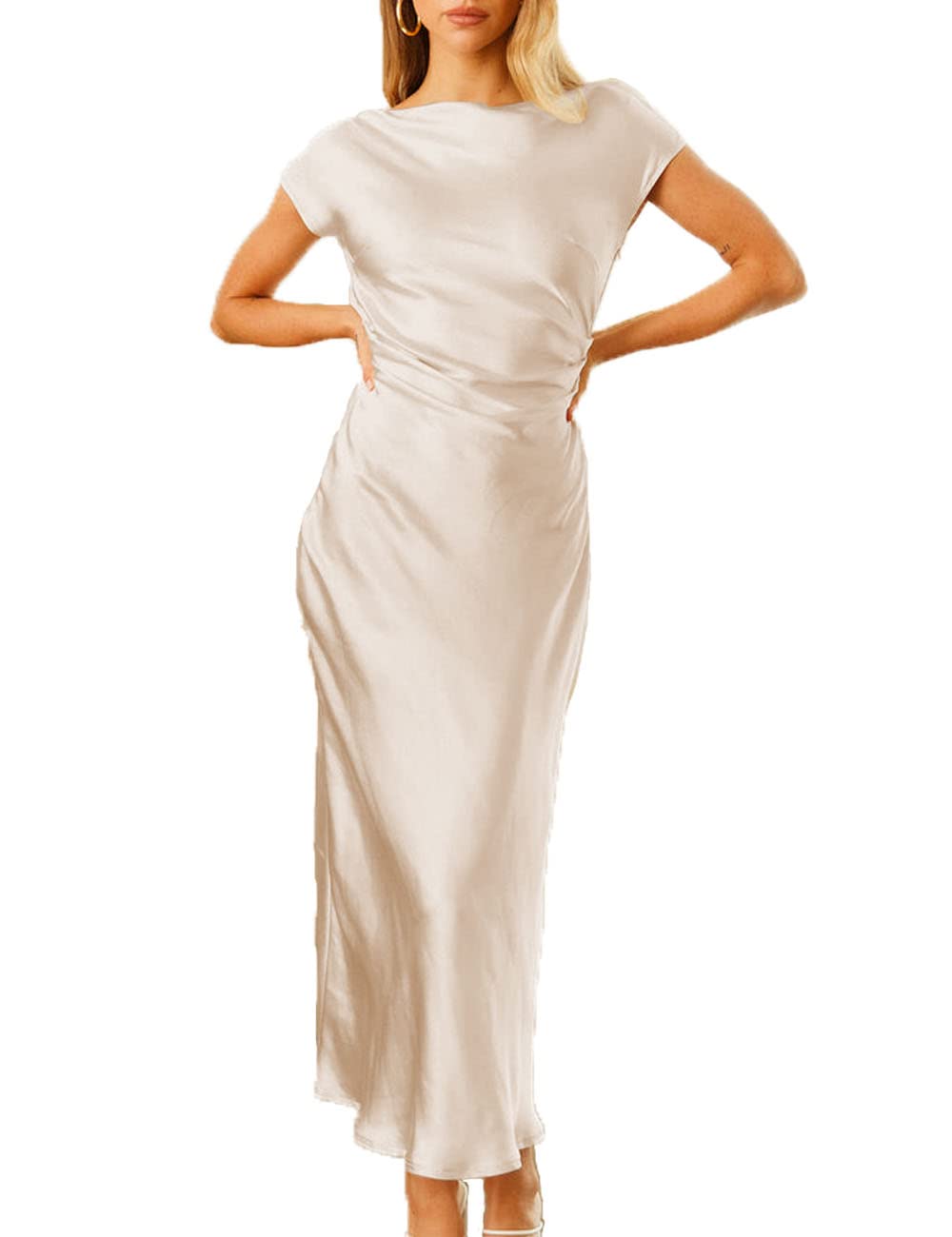 2025 Women's Satin Cap Sleeve Cowl Back Summer Dress - Elegant Ruched Waist Midi Dress for Wedding Guest, Party & Special Occasions