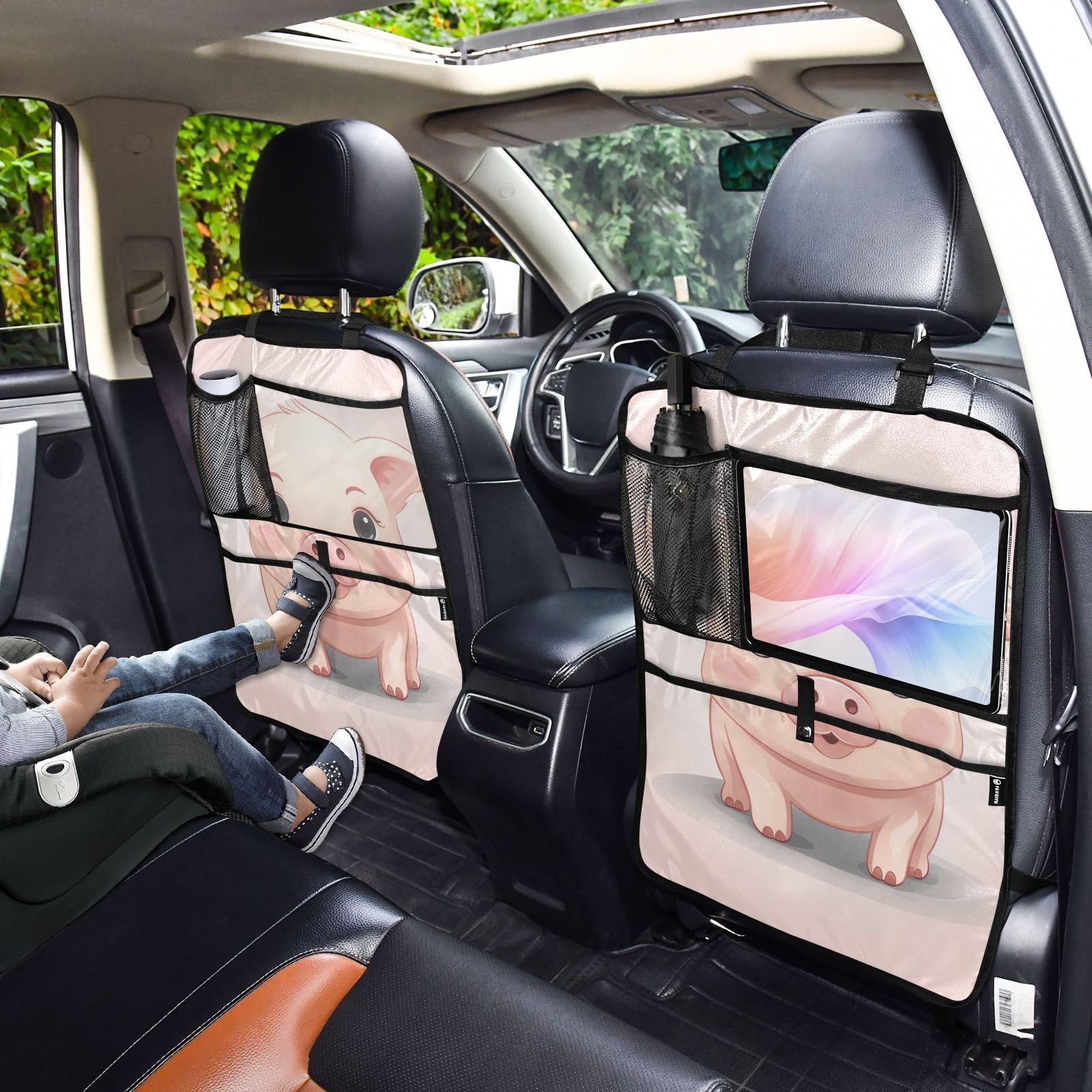 Premium 2-Pack Cute Cartoon Pig Kick Mats – Durable Back Seat Protector for Kids with 3 Storage Pockets | Car Seat Organizer for Child Feet | Fits Most Trucks, SUVs & Vehicles | Perfect for Road Trips & Family Travel