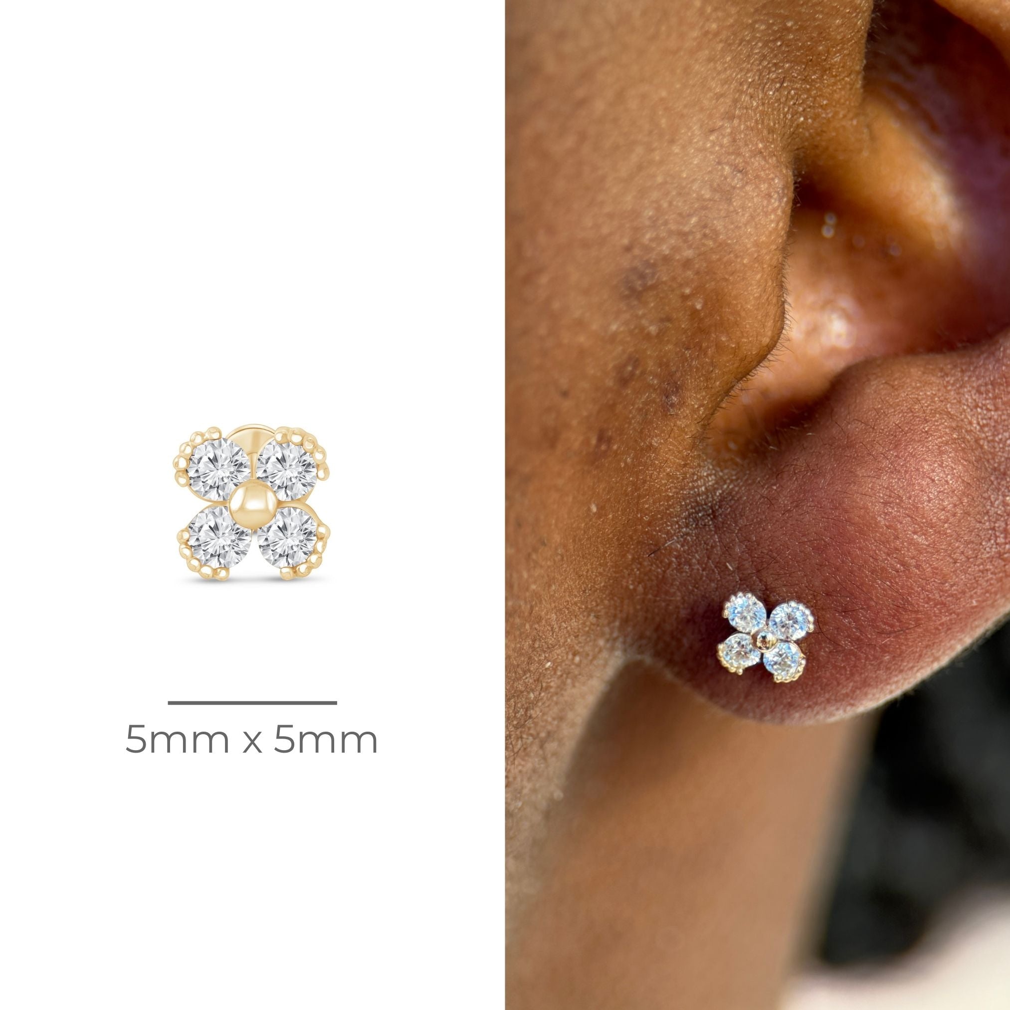 14K Solid Yellow Gold Beaded Diamond Four-Petal Flower Flat Back Stud Earrings for Women - Perfect for Weddings, Parties & Everyday Elegance