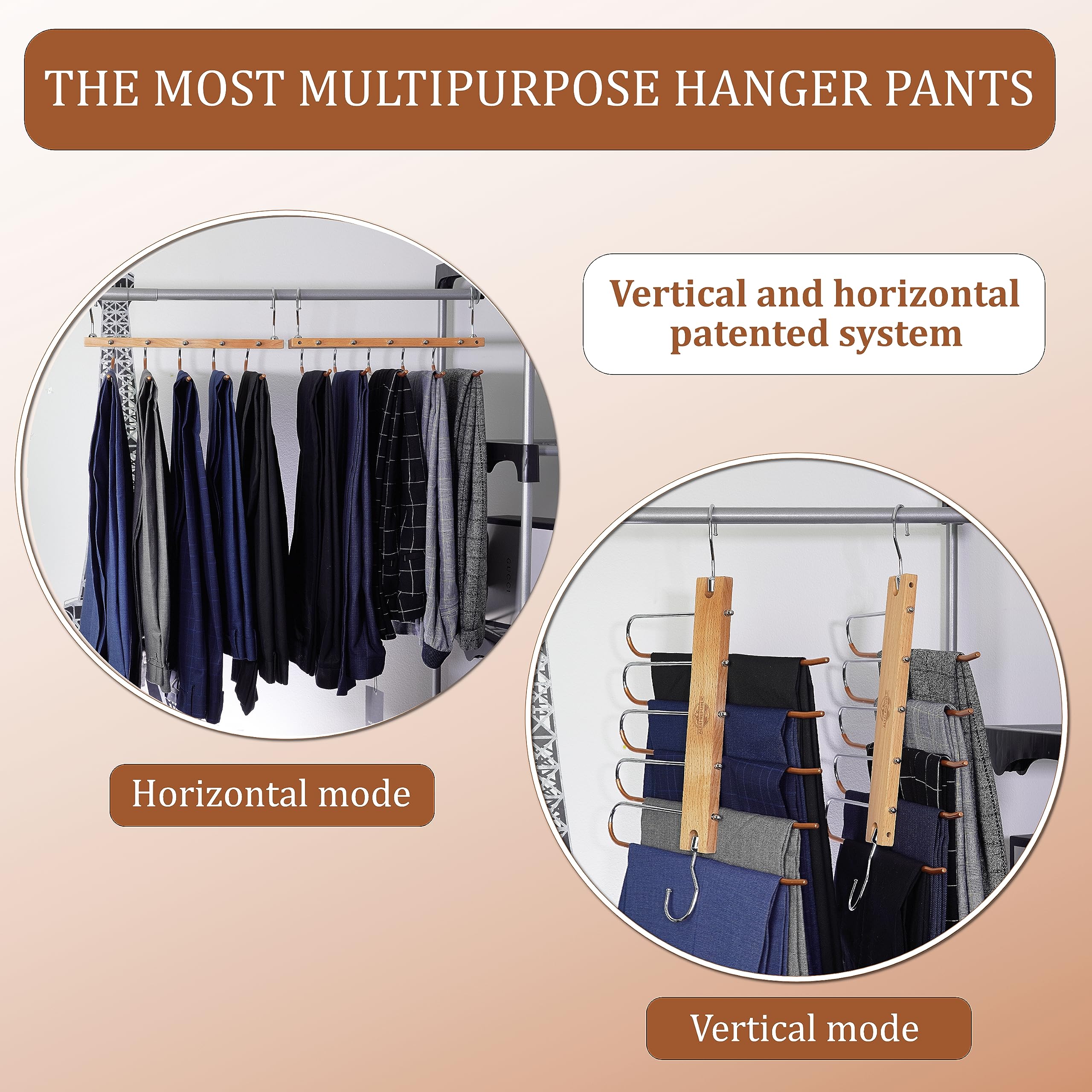 Space-Saving 5-in-1 Wooden Pants Hangers for Closet - Stainless Steel Extendible Jean & Trouser Hangers - Multi-Functional Magic Wardrobe Organizer (Natural Wood) - Perfect for Small Spaces, Travel & Home Closet Organization