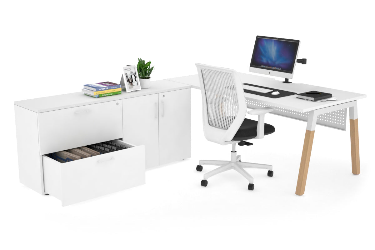 Premium Quadro A-Legs Executive Desk - Solid Wood Legs with White Cross Beam [1600L x 800W] - Modern Office Furniture for Home & Workspace - Includes Cable Management Scallop for Neat Setup