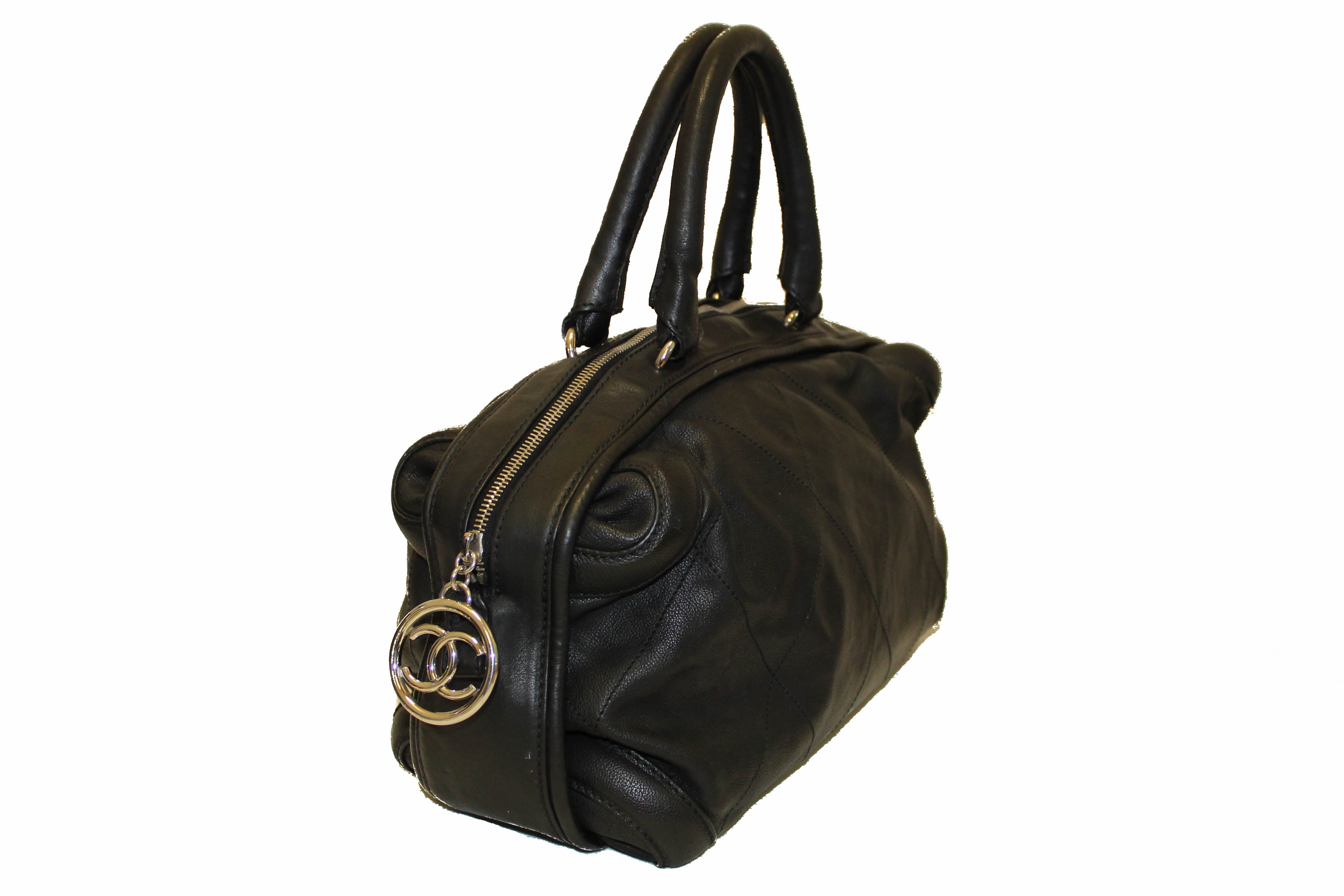 Authentic Chanel Black Calfskin Leather Stitched Bowling Bag - Luxury Designer Handbag for Women, Perfect for Evening Parties, Date Nights & Special Occasions