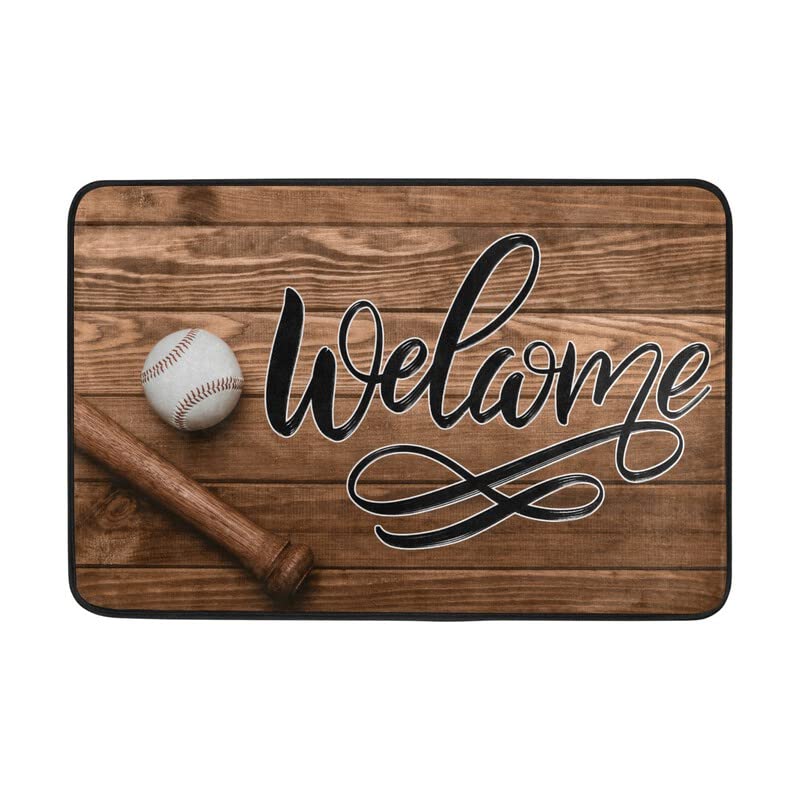Premium Wooden Stripe Baseball Welcome Mat - Non-Slip, Soft & Absorbent Indoor/Outdoor Door Rug - 24x16 Inch for Entrance, Bathroom & Patio - Perfect for Home, Office & Sports Fan Decor