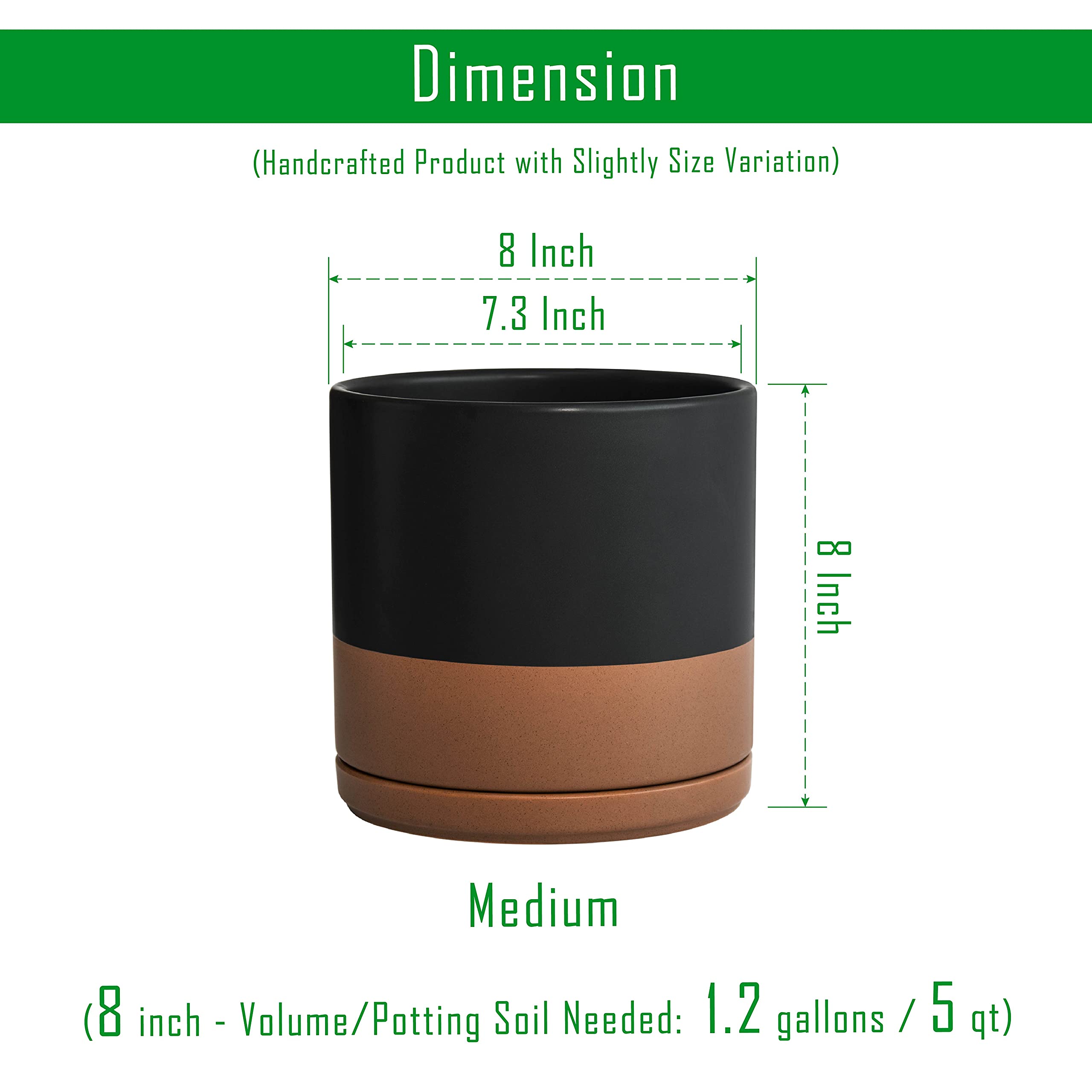 8 Inch Ceramic Planter Pot with Drainage Hole & Saucer - Indoor Cylinder Flower Pot for Plants, Black/Speckled Tan - Perfect for Home Decor, Office Desk, Living Room & Garden Decorations