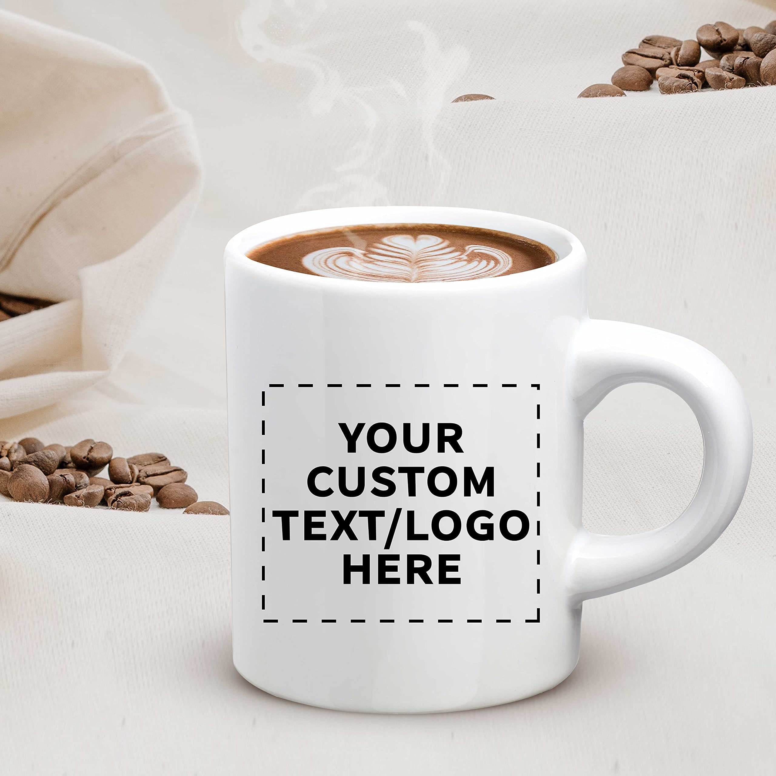 10-Pack Mini Ceramic Coffee Mugs 4oz - Custom Text & Logo - Durable Stoneware with C-Handle - Perfect for Office Gifts, Wedding Favors, and Home Decor (White)