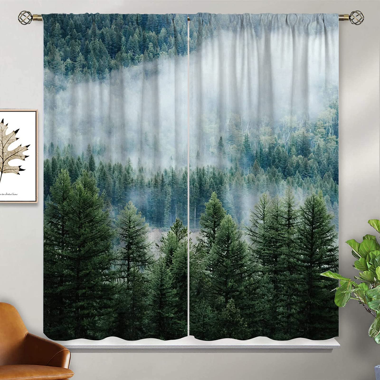 Blackout Curtains for Bedroom - Misty Forest Design with Pine Trees, Green Nature Rod Pocket Drapes (55x63 Inch) | Light Blocking, Privacy Protection & Noise Reduction | Perfect for Home, Office, Cafe and Nursery Decor