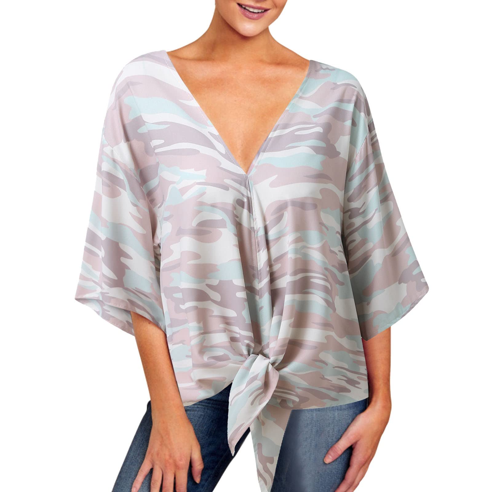 Women's Short Sleeve V-Neck Printed Batwing Blouse - Flowy Summer Tops for Casual Wear, Office & Date Night Outfits