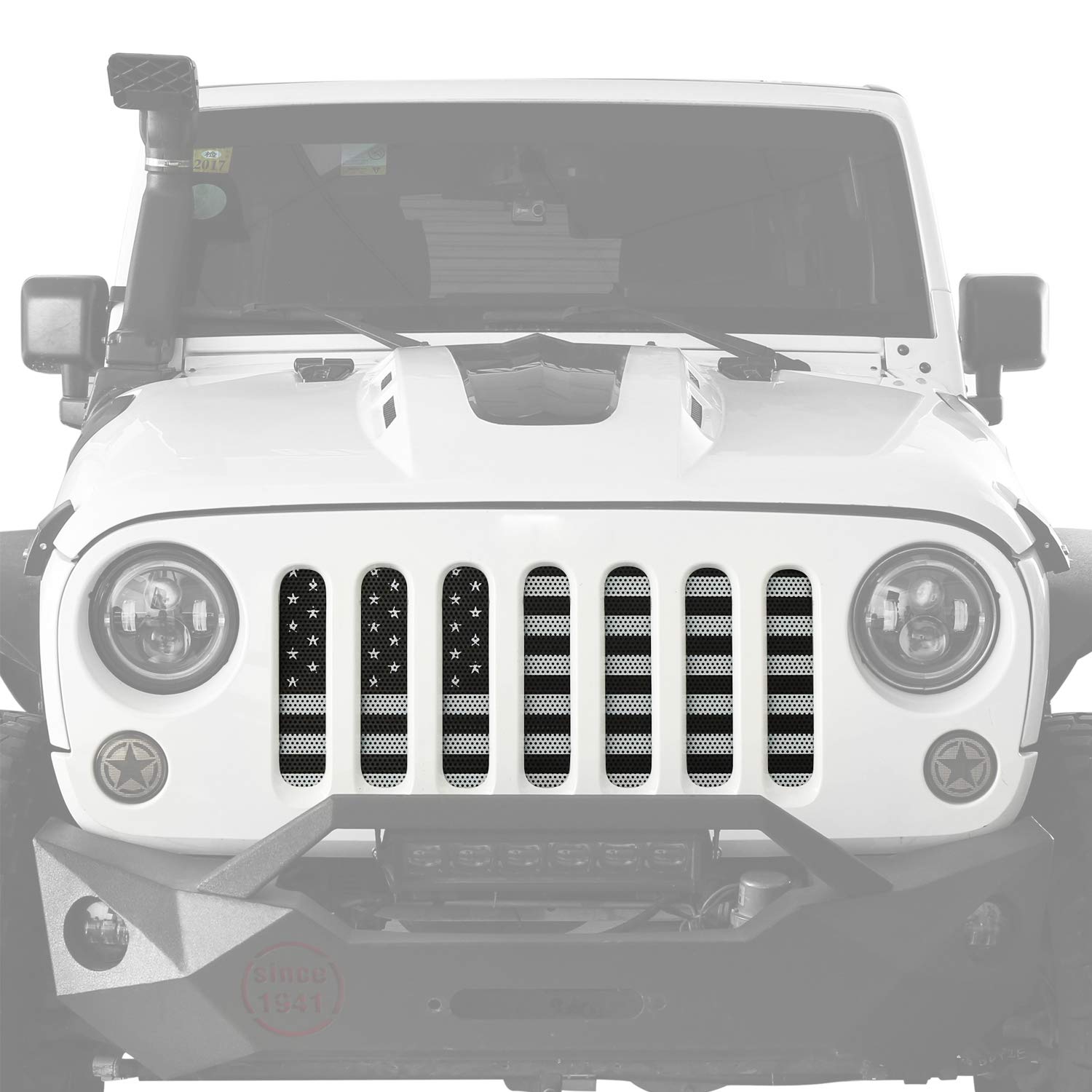 Wrangler Grille Insert Flag Mesh Grill Overlay Bug Screen for Jeep Wrangler 2007-2018 JK & Unlimited - Black and White Rubicon Sahara Sport JKU | Durable Protection & Stylish Upgrade for Off-Road Adventures