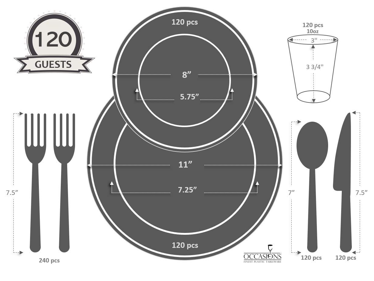 960-Piece Heavyweight Vintage Wedding Dinnerware Set - 120x11'' Plates, 120x8.25'' Plates, Silverware, Cups & Napkins (Chateau Collection Light Gray) for 120 Guests | Reusable/Disposable Plastic Plates for Weddings, Parties & Special Events