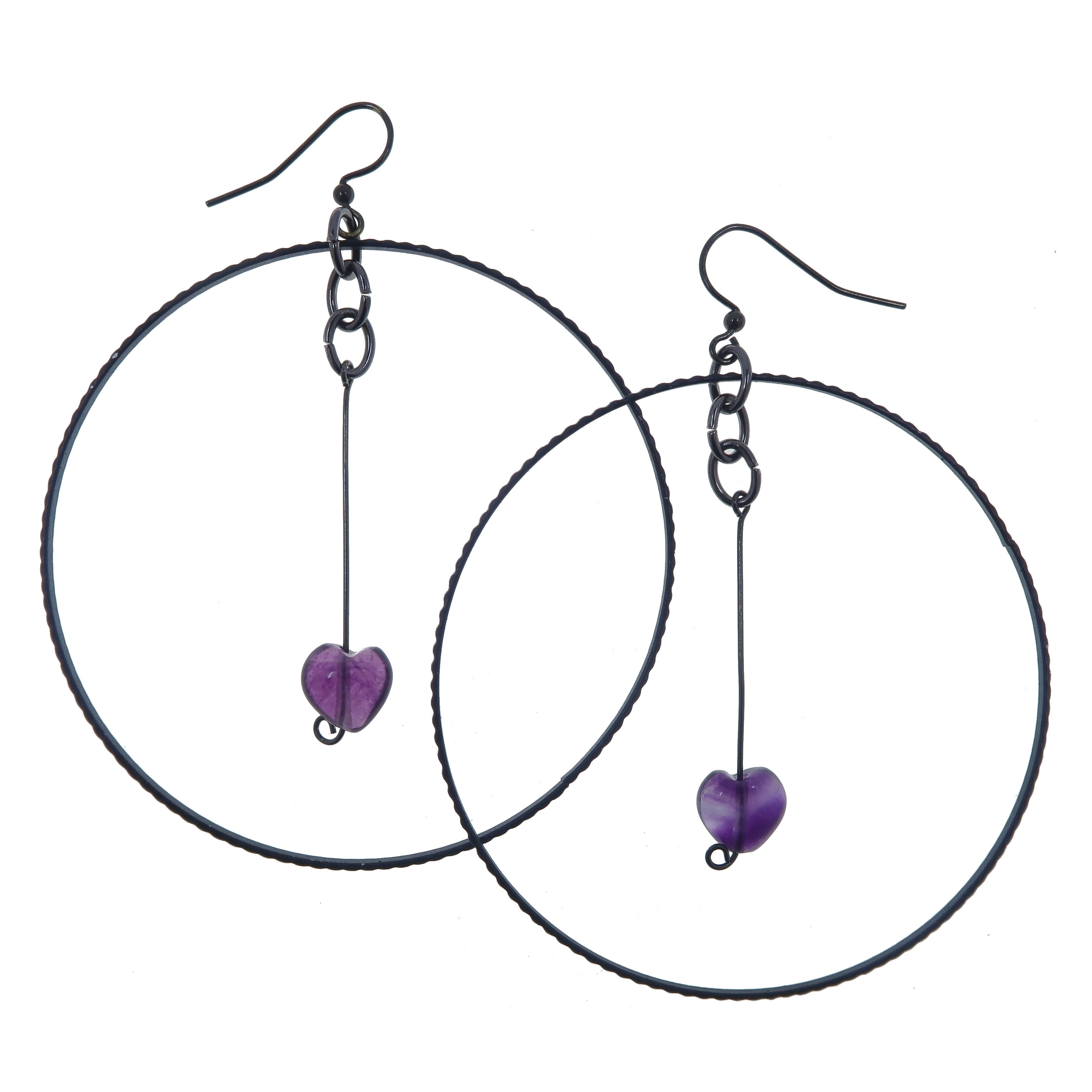 Fluorite Earrings - Purple Heart Black Hoop Earrings for Women | Healing Crystal Jewelry for Spiritual Energy & Chakra Balancing | Perfect for Meditation, Yoga & Everyday Wear