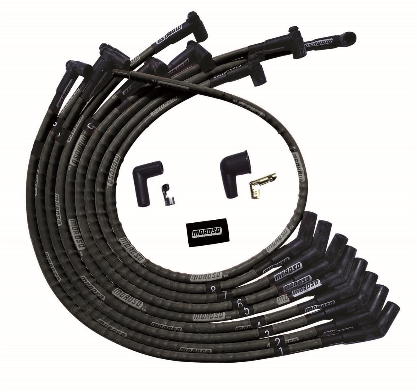 Moroso 51570 Ultra Series Sleeved Black Spark Plug Wires for Small Block Ford Engines - 135 Degree Plug Ends & HEI Distributor Compatible - High Performance Ignition Upgrade for Classic Cars & Hot Rods