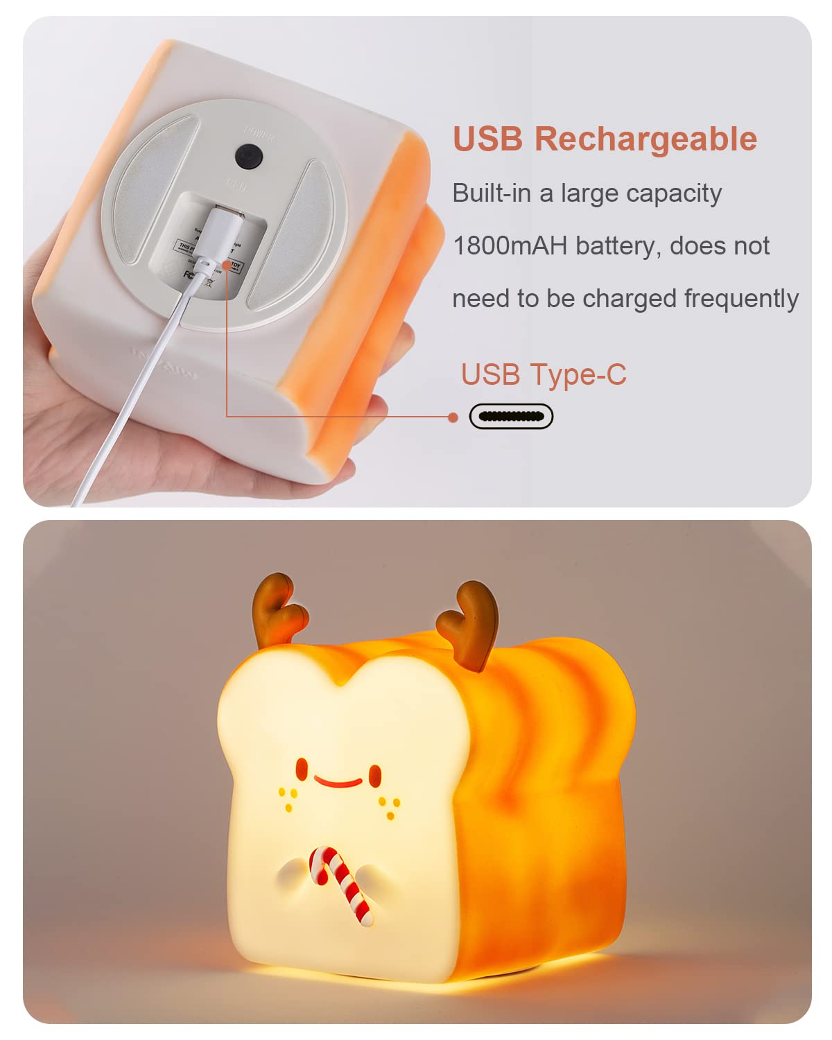 Deer Toast Lamp Bread Night Light - USB Rechargeable Touch Sensor Nightlight with 1 Hour Timer, Cute Christmas Gift for Women & Girls, Portable Silicone Kids Light for Nursery, Bedroom Decor & Cozy Ambiance