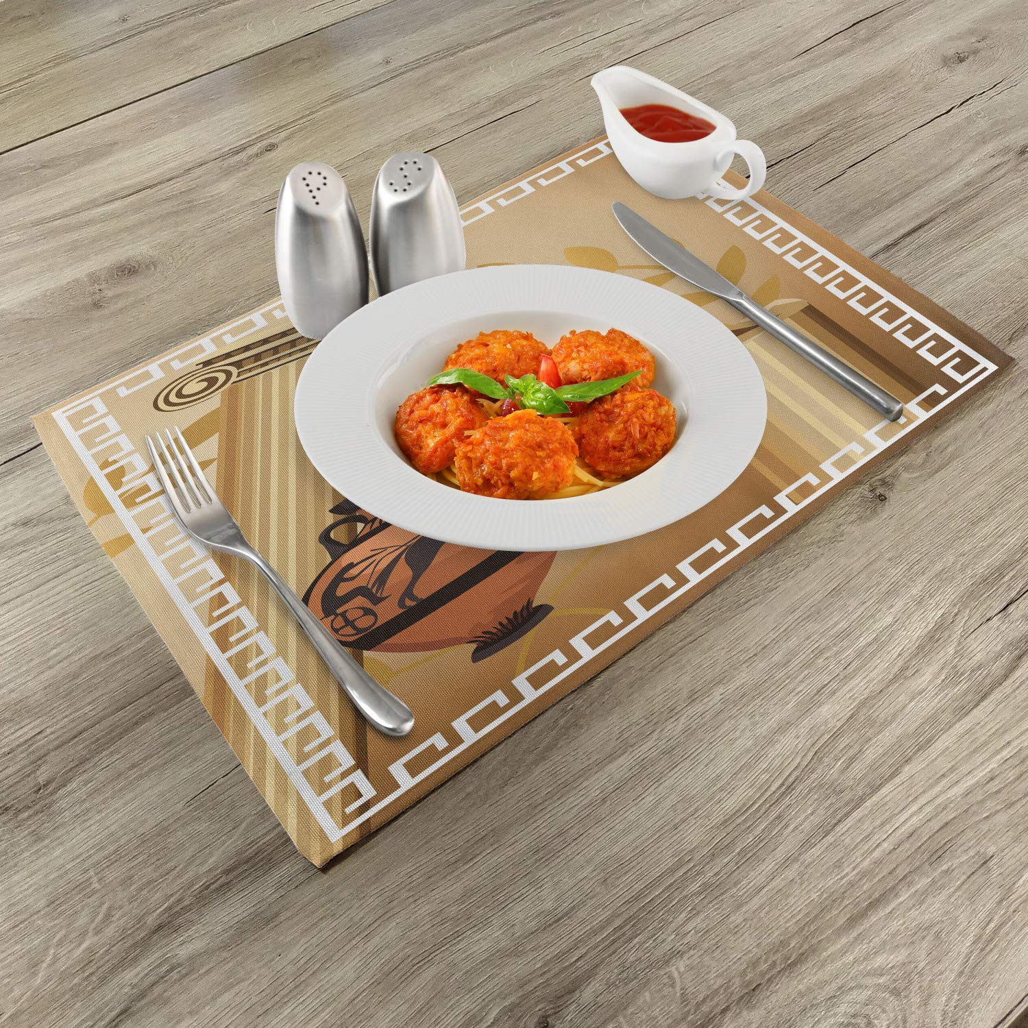 Ambesonne Retro Placemats Set of 4 - Antique Greek Columns & Olive Branch Design, Washable Fabric Dining Table Mats for Kitchen & Dining Room Decor in Pale Brown & White | Perfect for Dinner Parties, Holiday Meals & Mediterranean-Themed Events