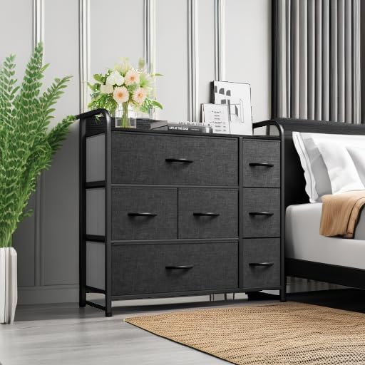 YITAHOME 7-Drawer Fabric Dresser with Large Capacity - Sturdy Steel Frame & Wooden Top Storage Tower for Living Room, Bedroom, Closet - Easy Pull Fabric Bins (Black/Grey) - Perfect for Organizing Clothes, Toys & Home Essentials