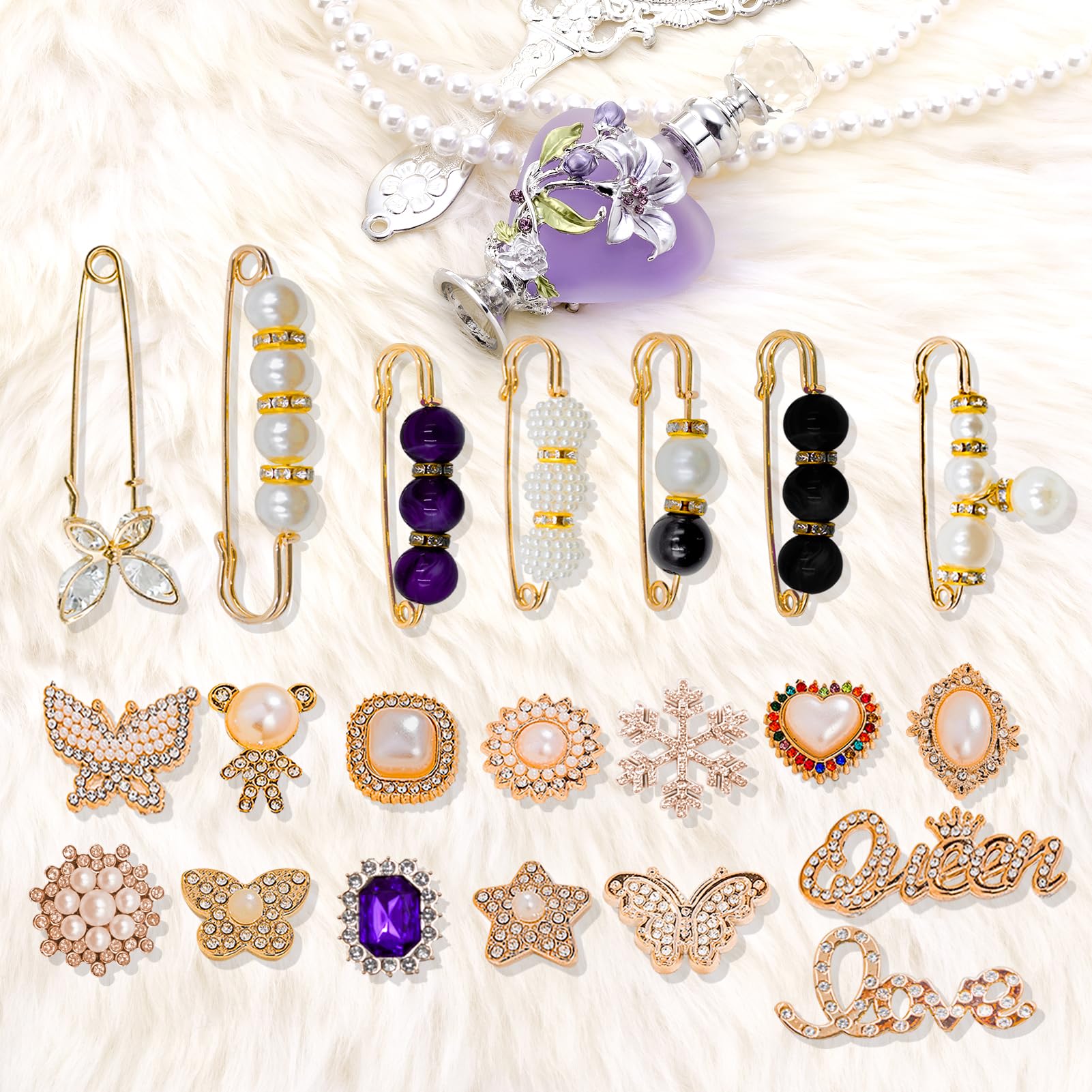 70 Pcs DIY Sock Charms Kit - Gold Brooch, Pearl Rhinestone, Safety Pins for Women - Bling Jewelry for Socks, Shoes, Hats, Skirts & Waistbands | Perfect for DIY Fashion Accessories & Gift Making