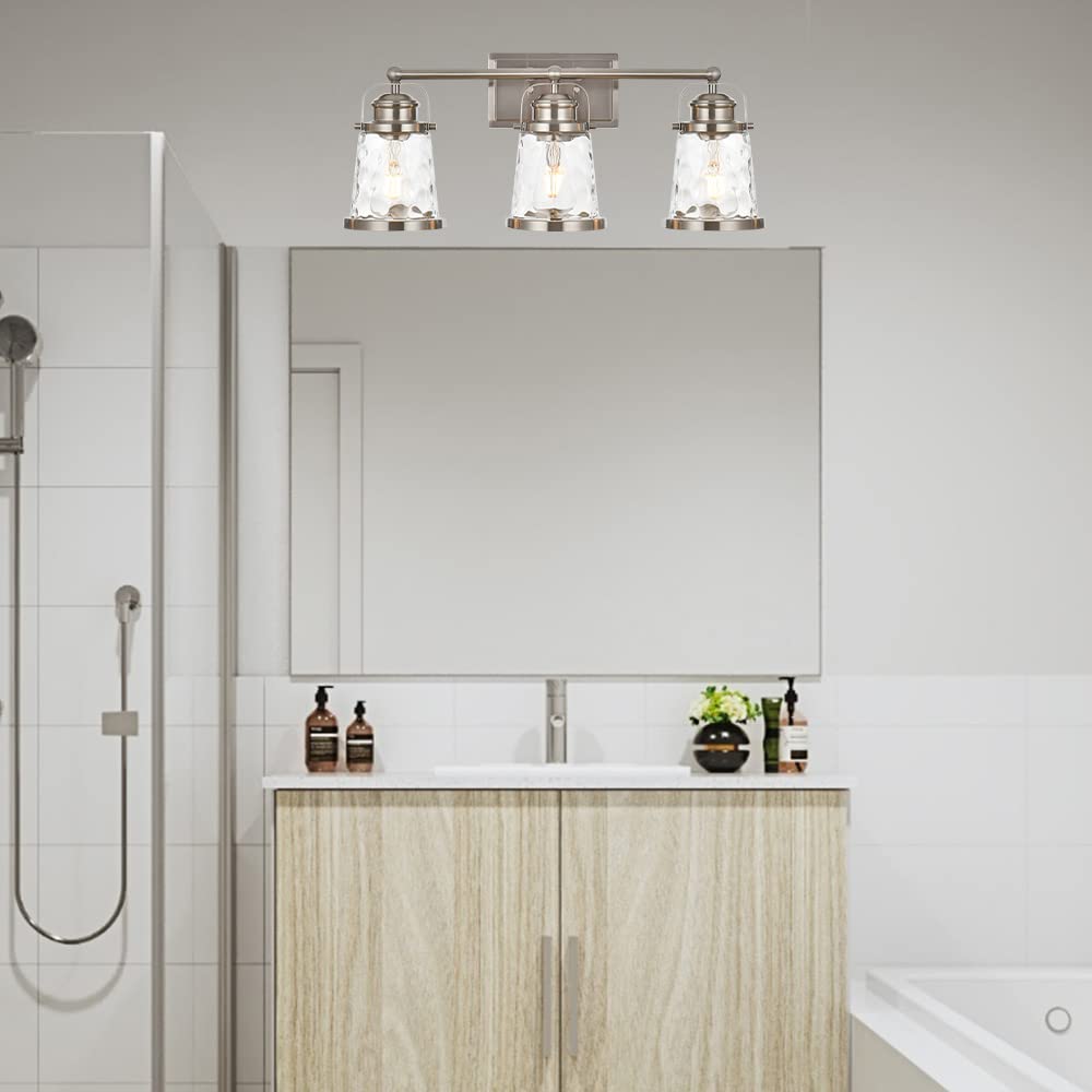 Modern 3-Light Bathroom Vanity Lighting Fixture with Hammered Glass Shades - Brushed Nickel Wall Sconce for Bedroom, Kitchen & Bathroom Mirror - Perfect for Makeup, Shaving & Task Lighting