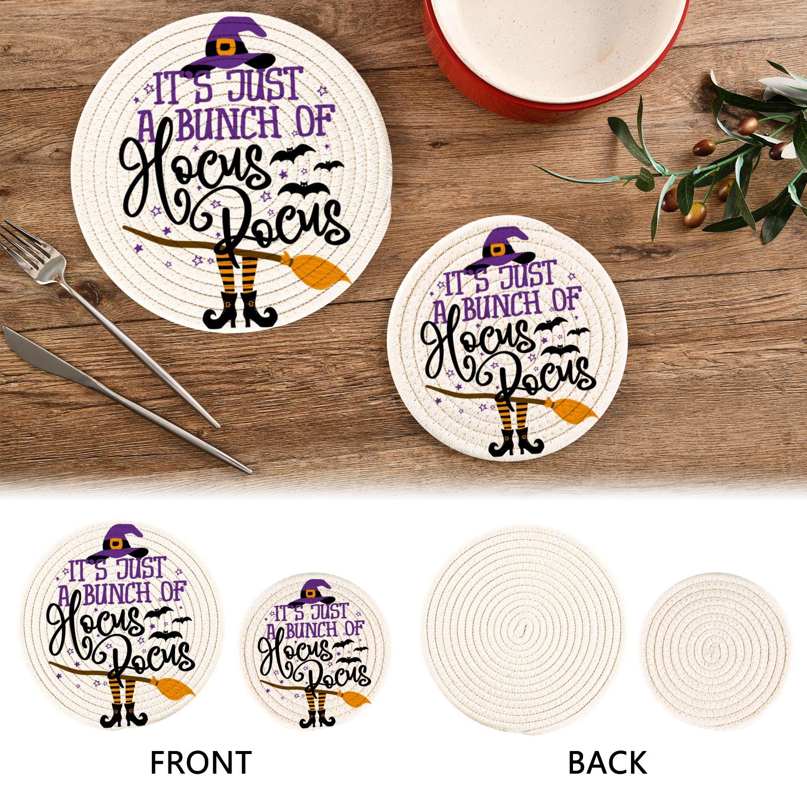 Halloween Witch Kitchen Pot Holders 2 Pack - 'It's Just A Bunch of Hocus Pocus' Trivet Mats Set - 100% Cotton Round Thread Weave Hot Pads - Stylish Coasters for Baking, Cooking, Cups & Dining Counter - Perfect for Halloween Parties, Kitchen Decor & Gift Giving