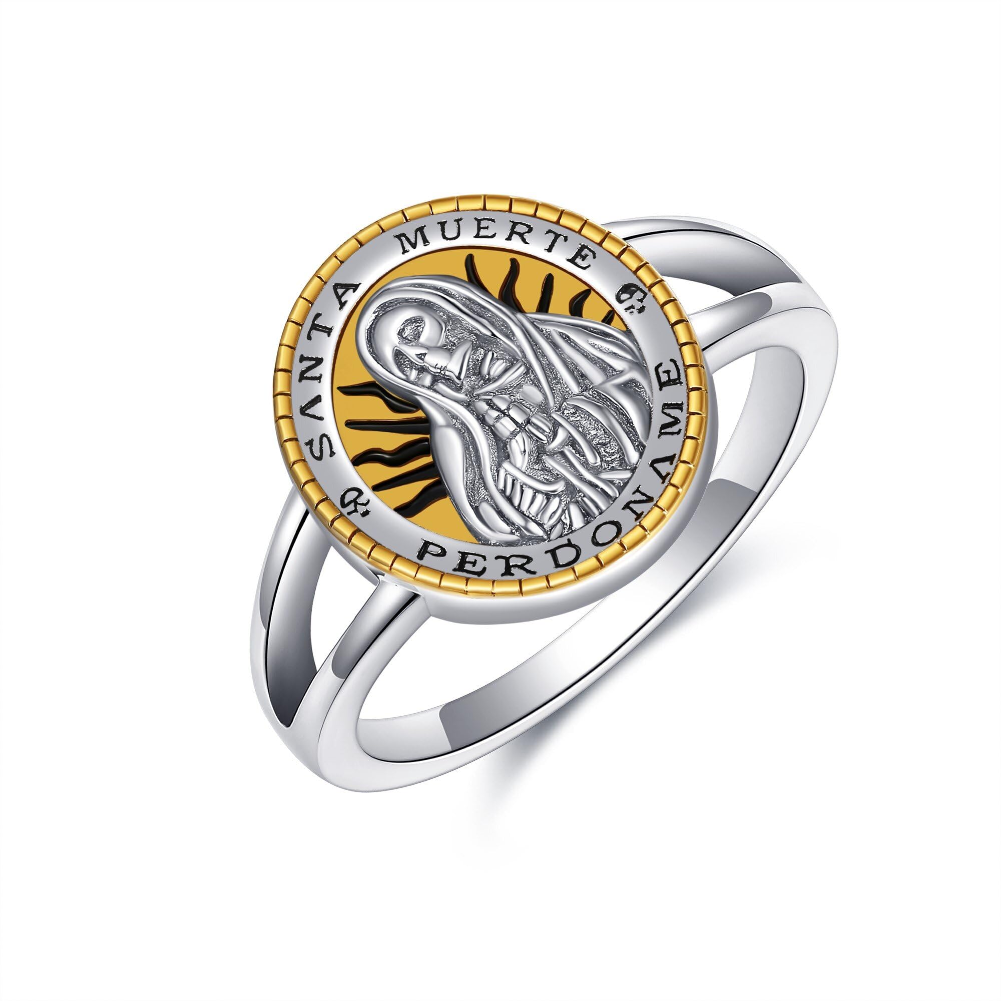 YAFEINI Santa Muerte Rings - 925 Sterling Silver Gothic Jewelry with Rosary Charm for Women | Perfect for Day of the Dead, Witchy Aesthetic & Alternative Fashion