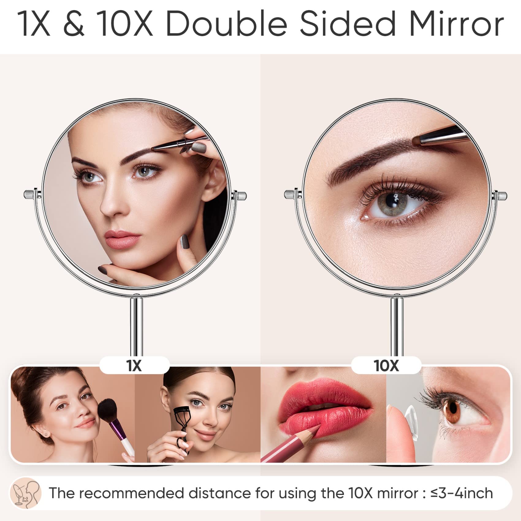 Orange Tech 8-Inch Large Double-Sided Magnifying Makeup Mirror with 360° Swivel - 1X/10X Vanity Mirror with Stand & Removable Base (15