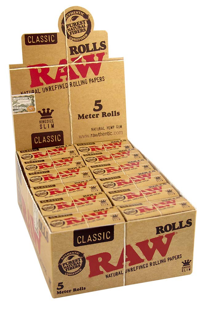 RAW Classic Slim Rolling Papers 5m Length Unbleached 12 Rolls - Perfect for Smooth & Slow Burning Hand-Rolled Cigarettes