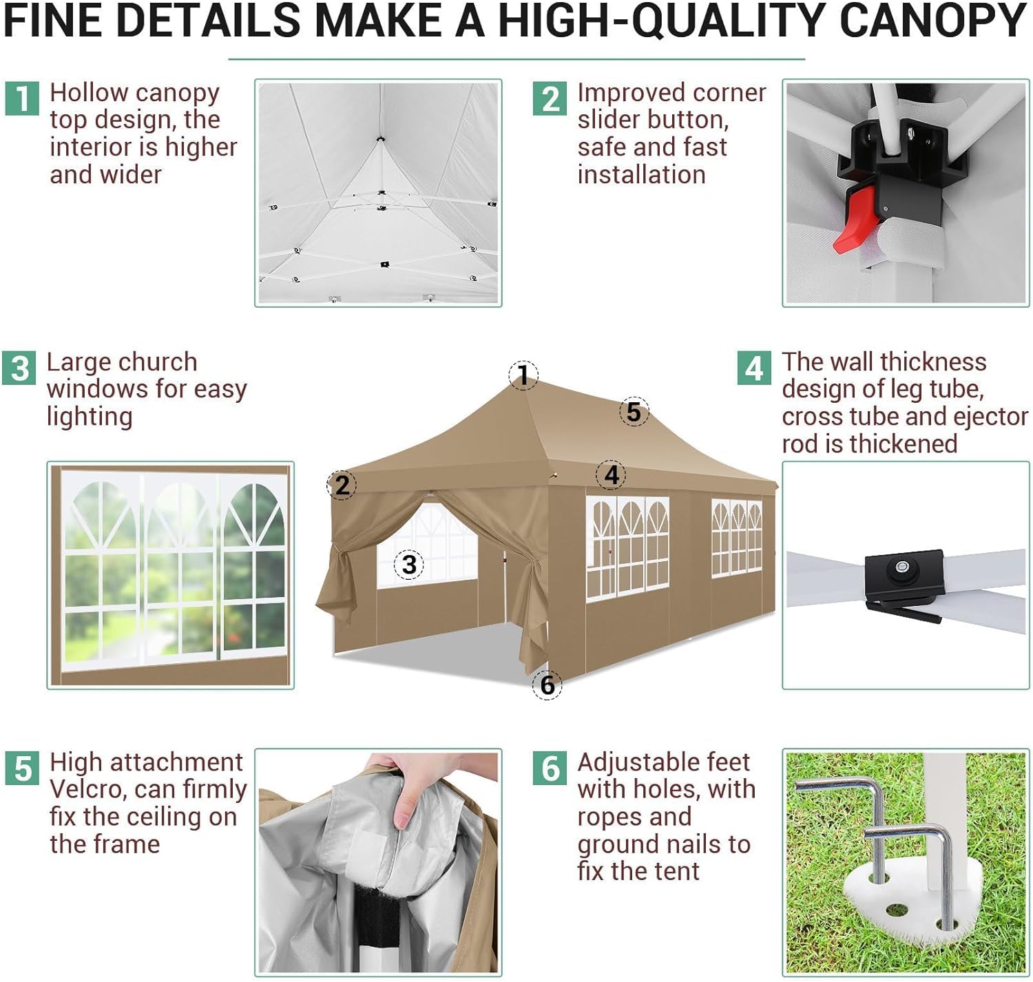 COBIZI 10x20 Pop Up Canopy Tent with 6 Removable Sidewalls - Waterproof Instant Gazebo for Outdoor Events, Parties & Commercial Use | Easy Setup Shelter with Sandbags (Khaki) | Perfect for Backyard BBQs, Farmers Markets & Beach Gatherings