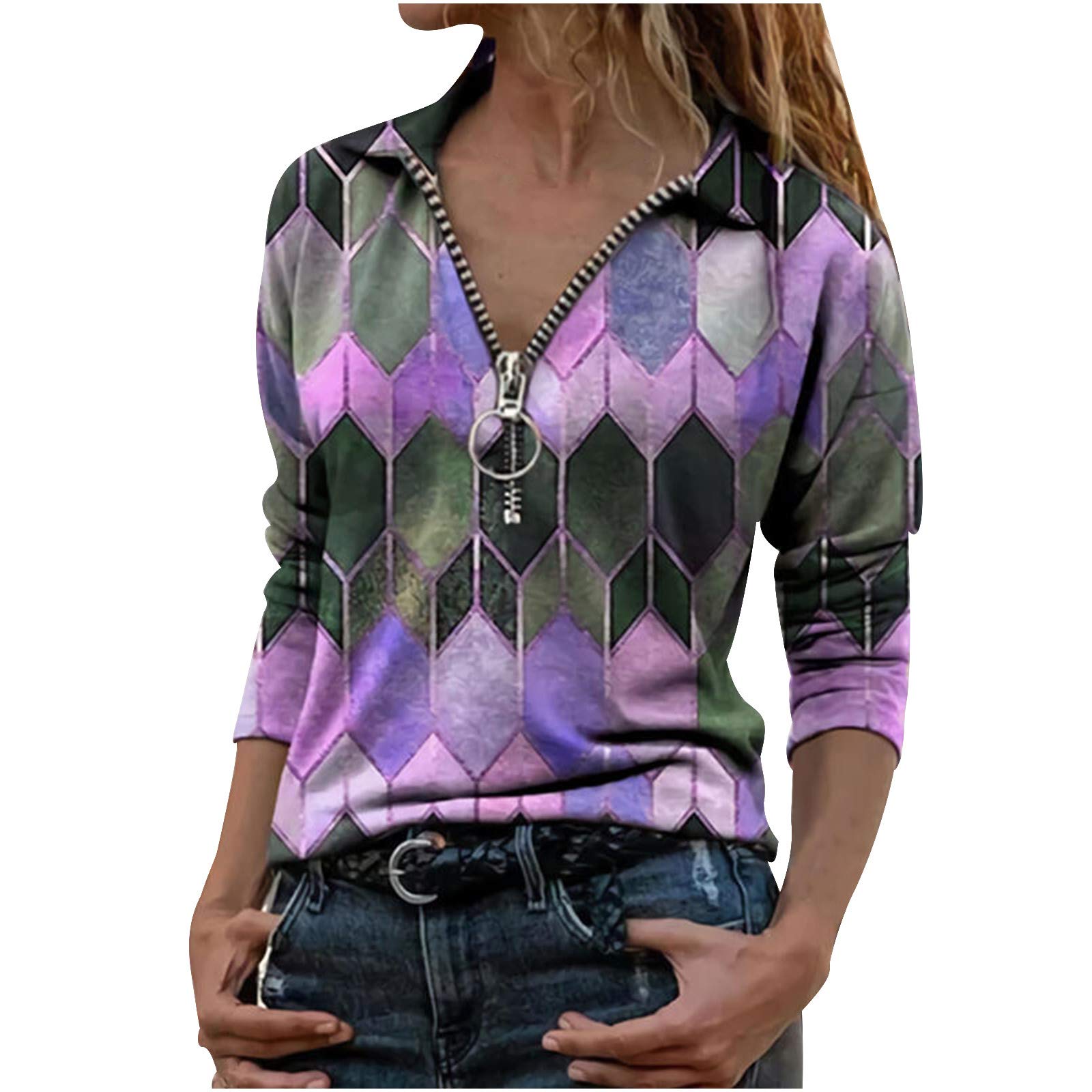 HUANKD Women's Long Sleeve Blouse - Fashion Lapel Geometric Print Zipper Casual T-Shirt Top for Work, Office & Everyday Wear | Trendy Fall & Winter Tops for Women