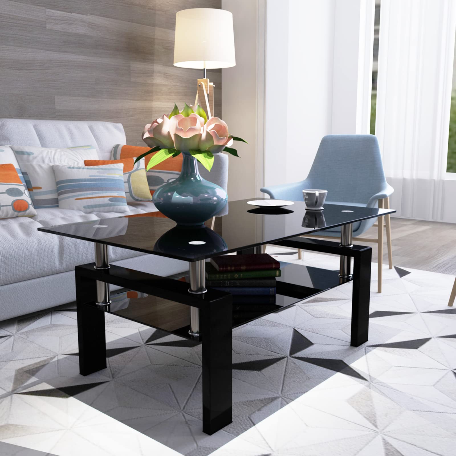 Modern Black Glass Coffee Table with Metal Legs - 2-Tier Living Room Center Table for Cocktail, Tea & Side Table Use - Stylish Home Furniture for Living Spaces